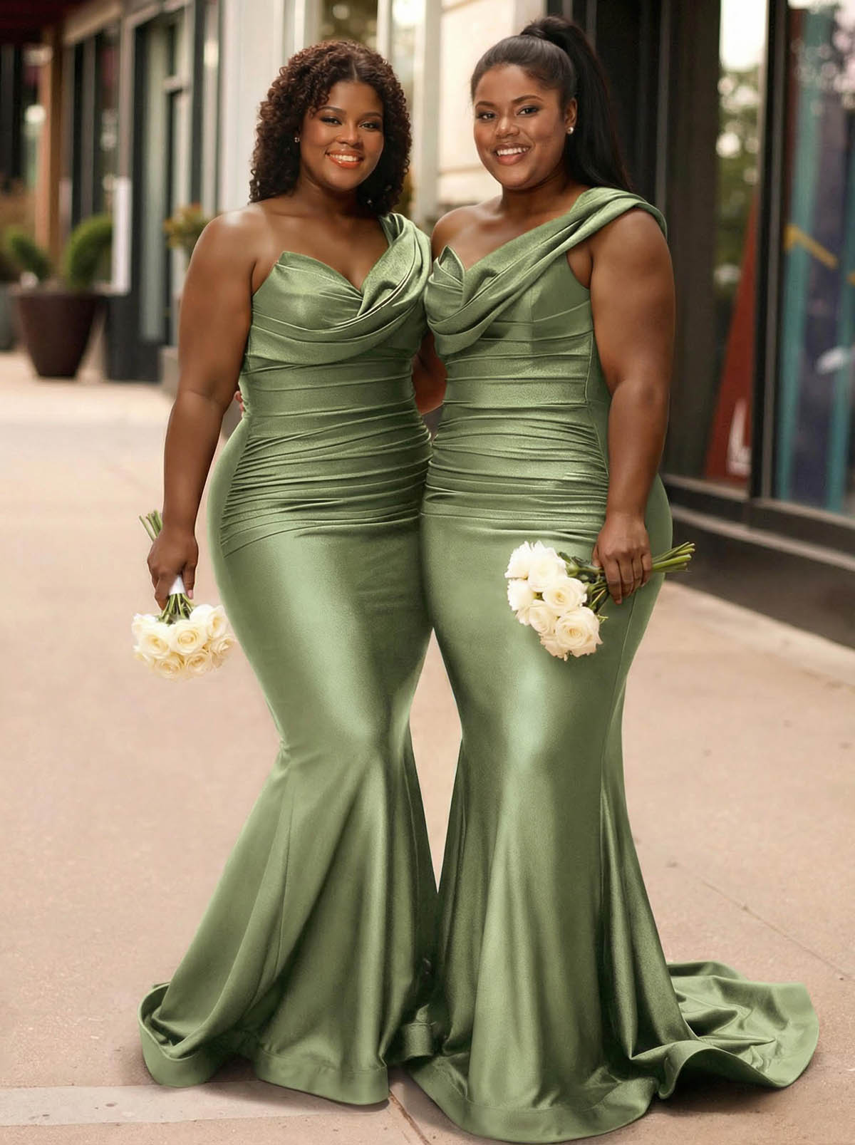 Trumpet/Mermaid One-Shoulder Sleeveless Sweep Train Stretch Satin Knit Bridesmaid Dresses, product image 32