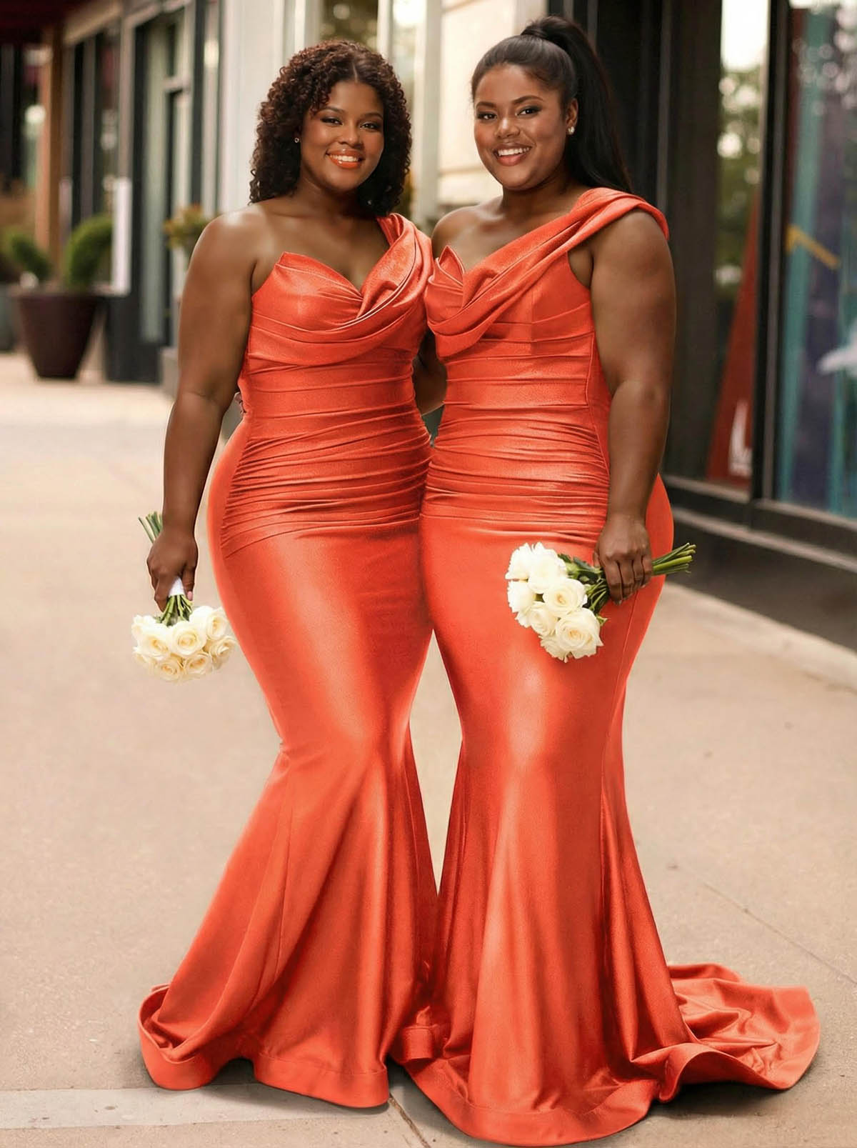 Trumpet/Mermaid One-Shoulder Sleeveless Sweep Train Stretch Satin Knit Bridesmaid Dresses, product image 46