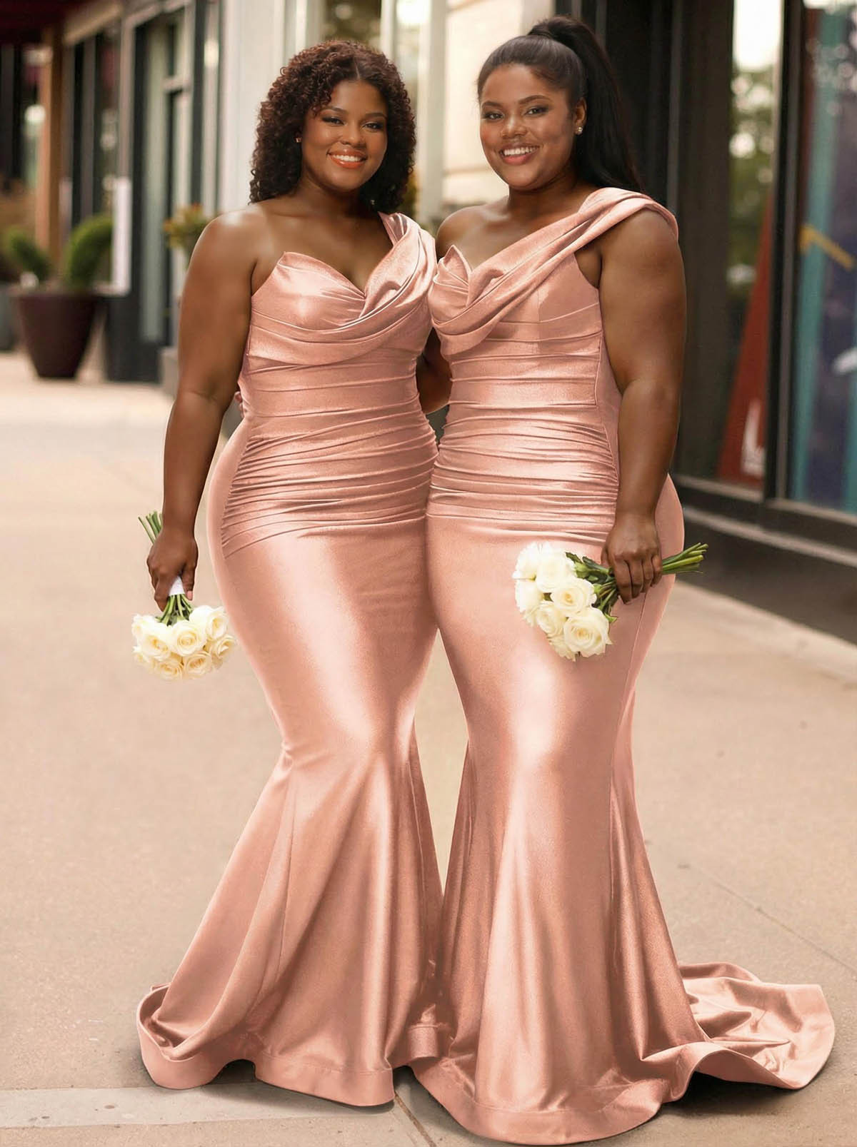 Trumpet/Mermaid One-Shoulder Sleeveless Sweep Train Stretch Satin Knit Bridesmaid Dresses, product image 19