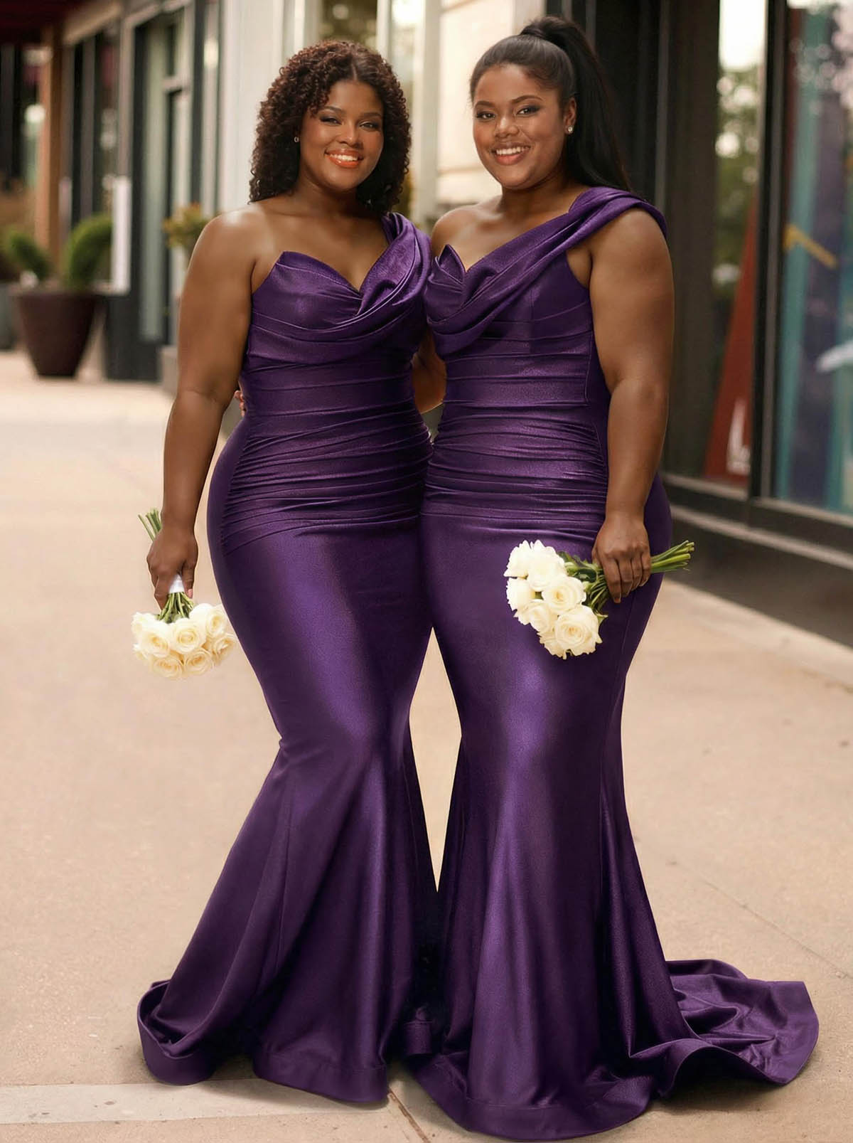 Trumpet/Mermaid One-Shoulder Sleeveless Sweep Train Stretch Satin Knit Bridesmaid Dresses, product image 35