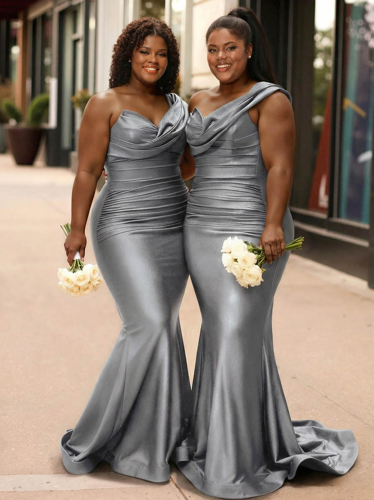 Trumpet/Mermaid One-Shoulder Sleeveless Sweep Train Stretch Satin Knit Bridesmaid Dresses, product image 49