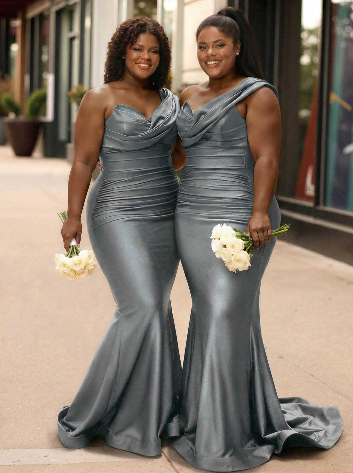 Trumpet/Mermaid One-Shoulder Sleeveless Sweep Train Stretch Satin Knit Bridesmaid Dresses, product image 48