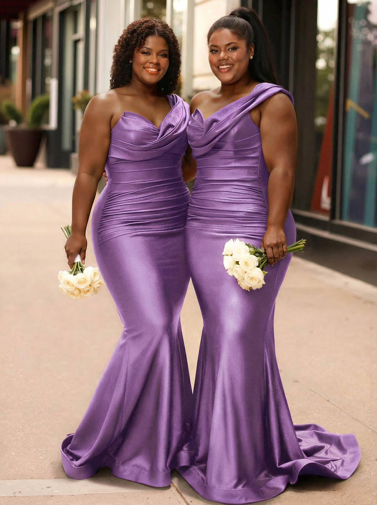 Trumpet/Mermaid One-Shoulder Sleeveless Sweep Train Stretch Satin Knit Bridesmaid Dresses, product image 42