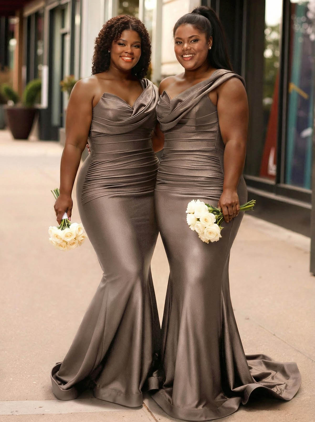 Trumpet/Mermaid One-Shoulder Sleeveless Sweep Train Stretch Satin Knit Bridesmaid Dresses, product image 38