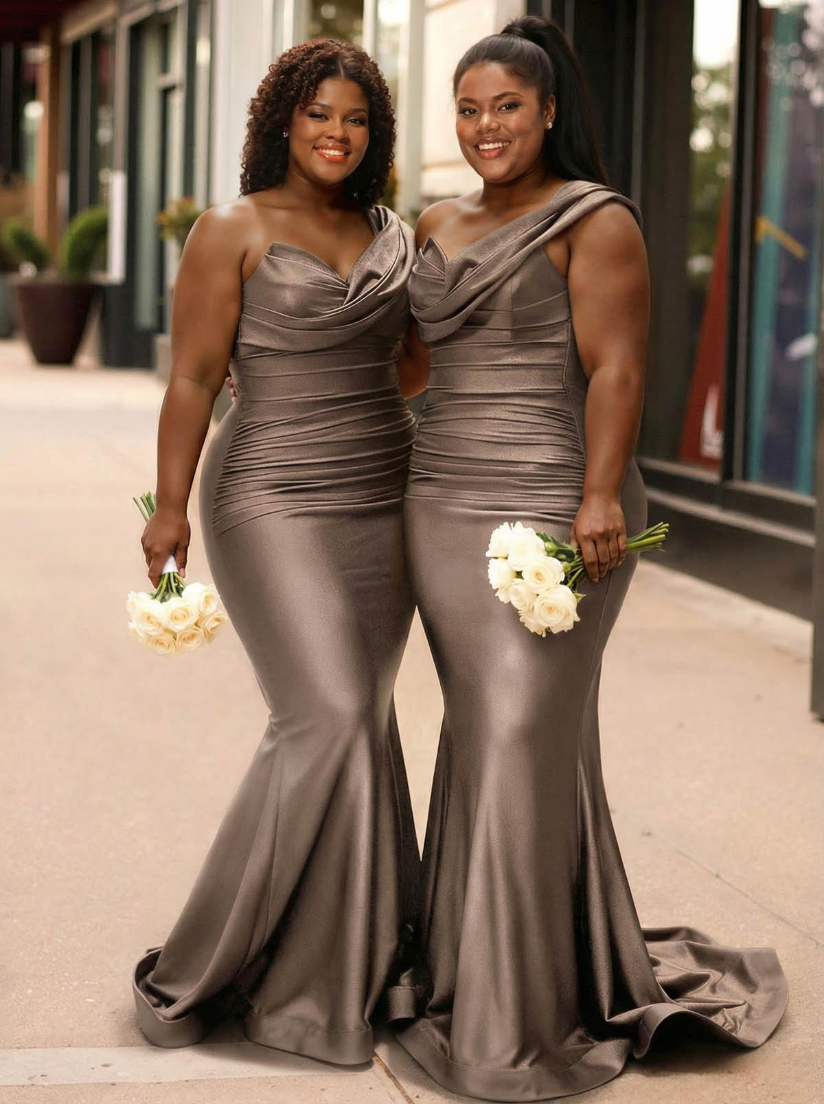 Trumpet/Mermaid One-Shoulder Sleeveless Sweep Train Stretch Satin Knit Bridesmaid Dresses, product image 38