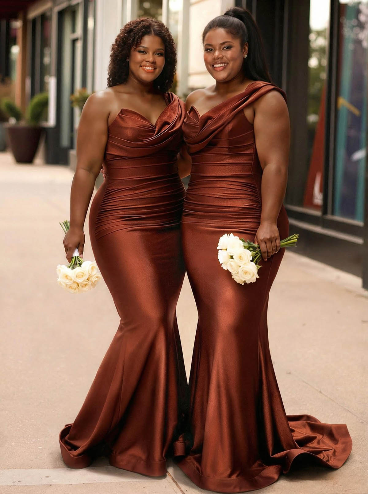 Trumpet/Mermaid One-Shoulder Sleeveless Sweep Train Stretch Satin Knit Bridesmaid Dresses, product image 52