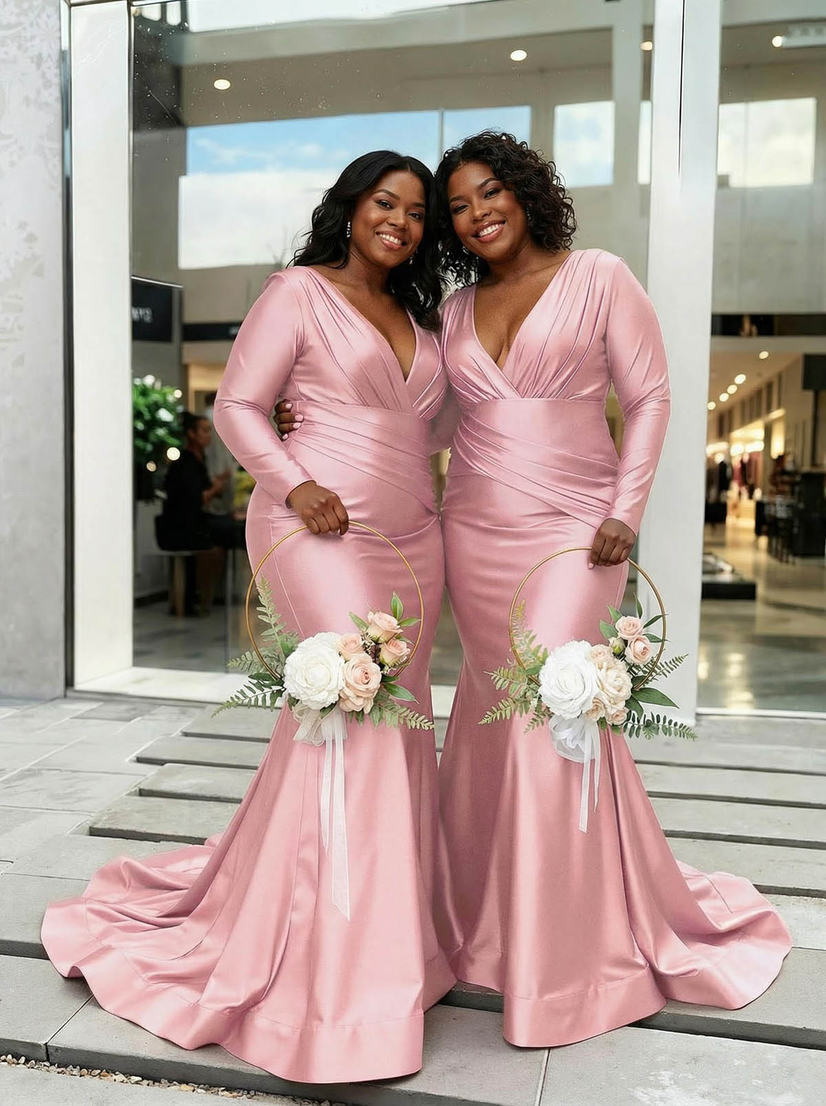 Trumpet/Mermaid Plunge Neck Long Sleeves Sweep Train Charmeuse Bridesmaid Dresses With Pleated