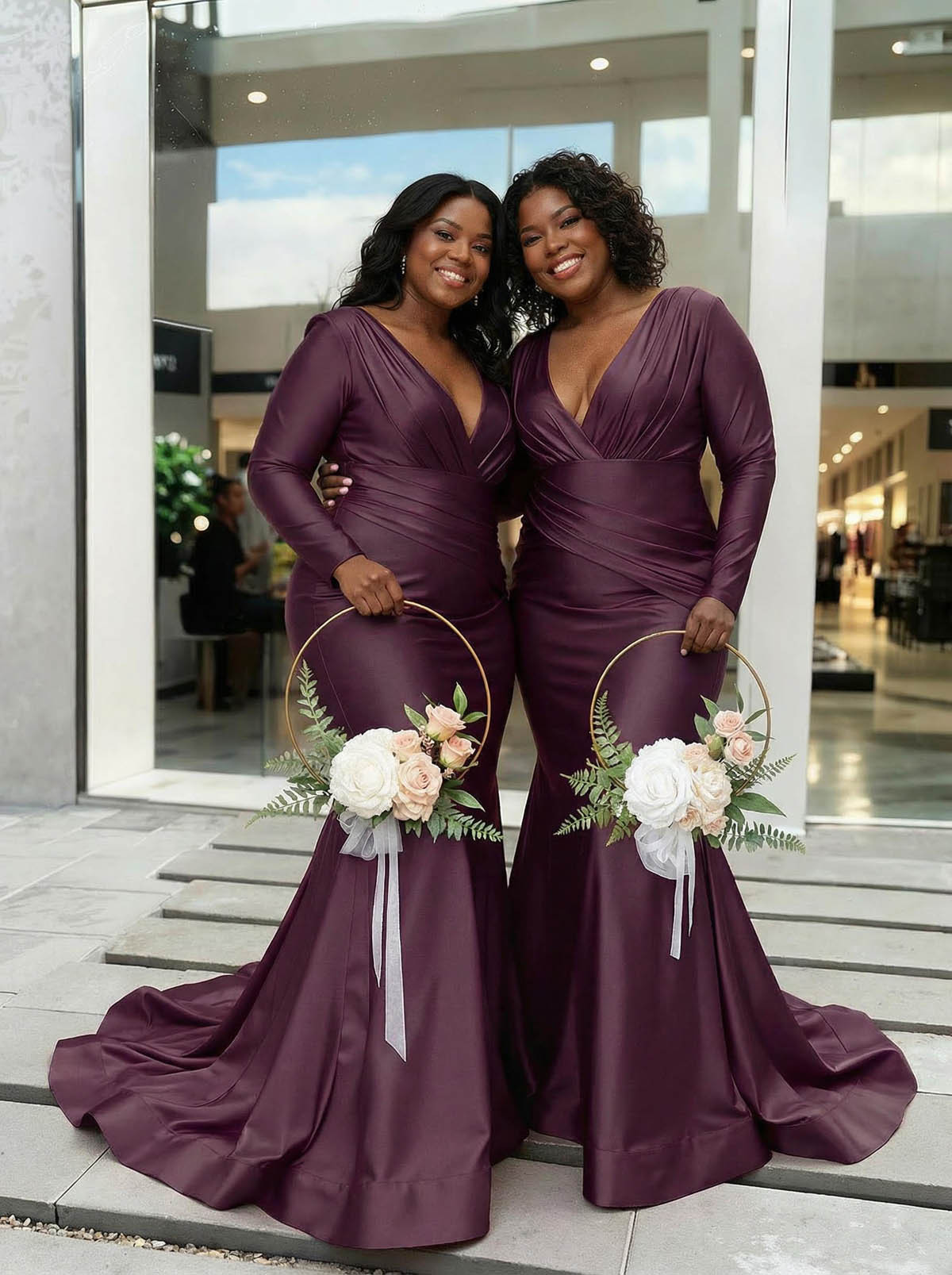 Trumpet/Mermaid Plunge Neck Long Sleeves Sweep Train Charmeuse Bridesmaid Dresses With Pleated