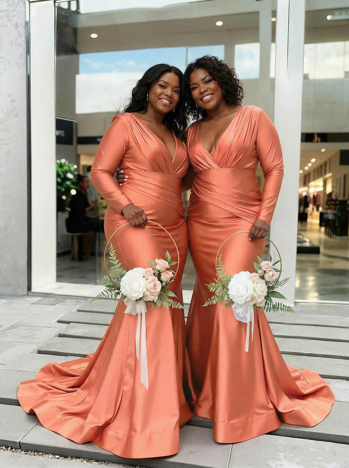 Trumpet/Mermaid Plunge Neck Long Sleeves Sweep Train Charmeuse Bridesmaid Dresses With Pleated