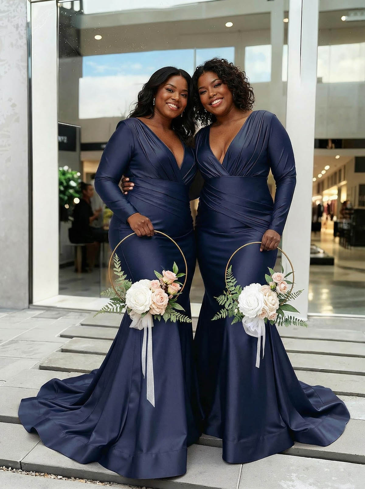Trumpet/Mermaid Plunge Neck Long Sleeves Sweep Train Charmeuse Bridesmaid Dresses With Pleated