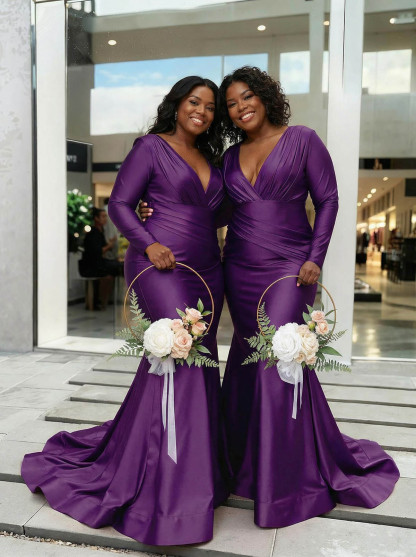 Trumpet/Mermaid Plunge Neck Long Sleeves Sweep Train Charmeuse Bridesmaid Dresses With Pleated