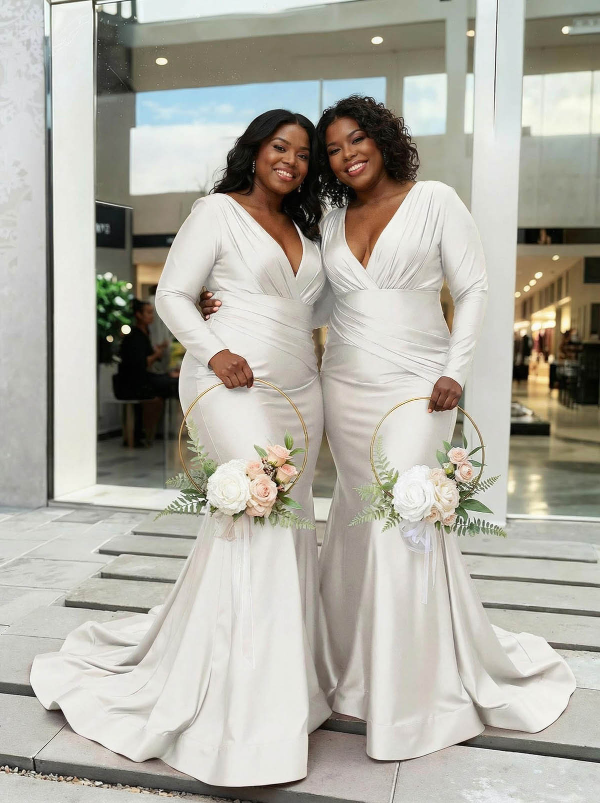 Trumpet/Mermaid Plunge Neck Long Sleeves Sweep Train Charmeuse Bridesmaid Dresses With Pleated