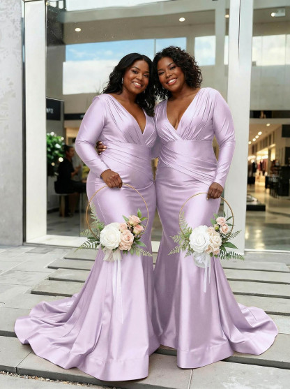 Trumpet/Mermaid Plunge Neck Long Sleeves Sweep Train Charmeuse Bridesmaid Dresses With Pleated