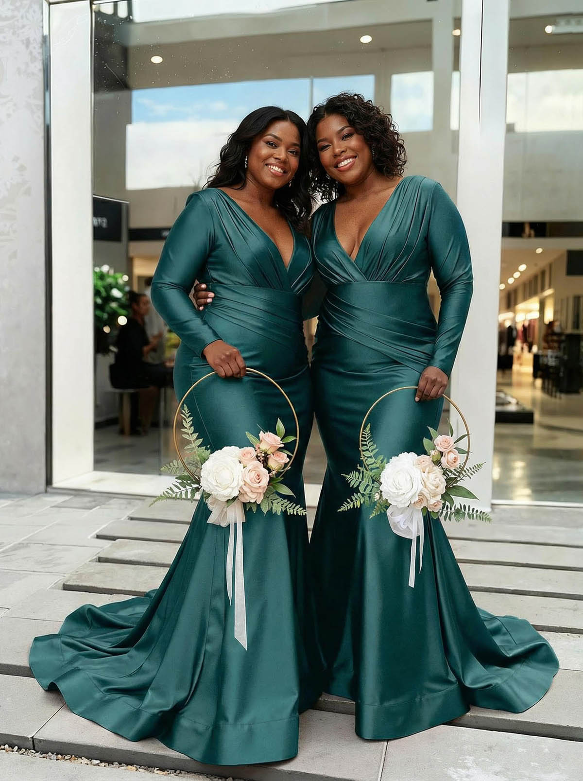 Trumpet/Mermaid Plunge Neck Long Sleeves Sweep Train Charmeuse Bridesmaid Dresses With Pleated
