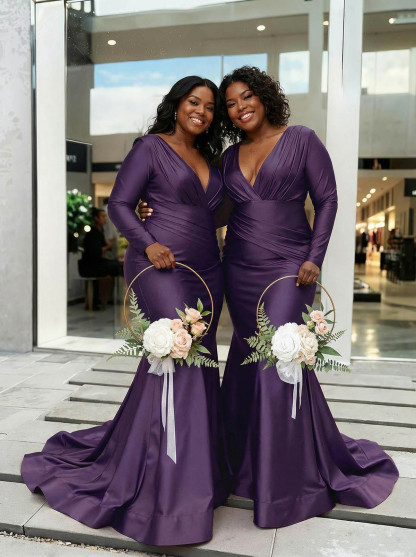 Trumpet/Mermaid Plunge Neck Long Sleeves Sweep Train Charmeuse Bridesmaid Dresses With Pleated