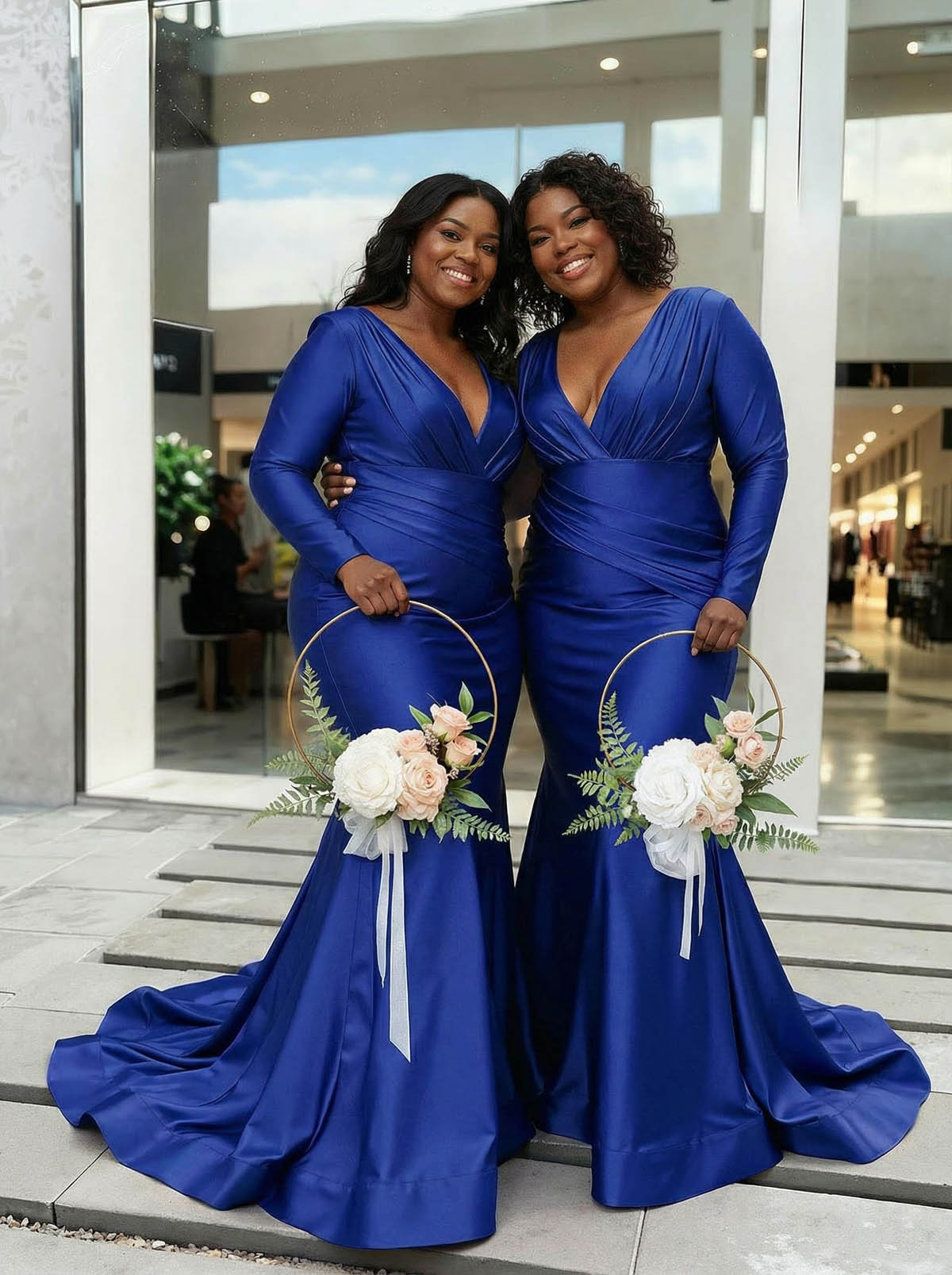 Trumpet/Mermaid Plunge Neck Long Sleeves Sweep Train Charmeuse Bridesmaid Dresses With Pleated