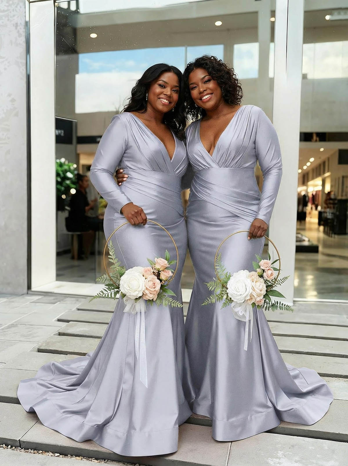 Trumpet/Mermaid Plunge Neck Long Sleeves Sweep Train Charmeuse Bridesmaid Dresses With Pleated