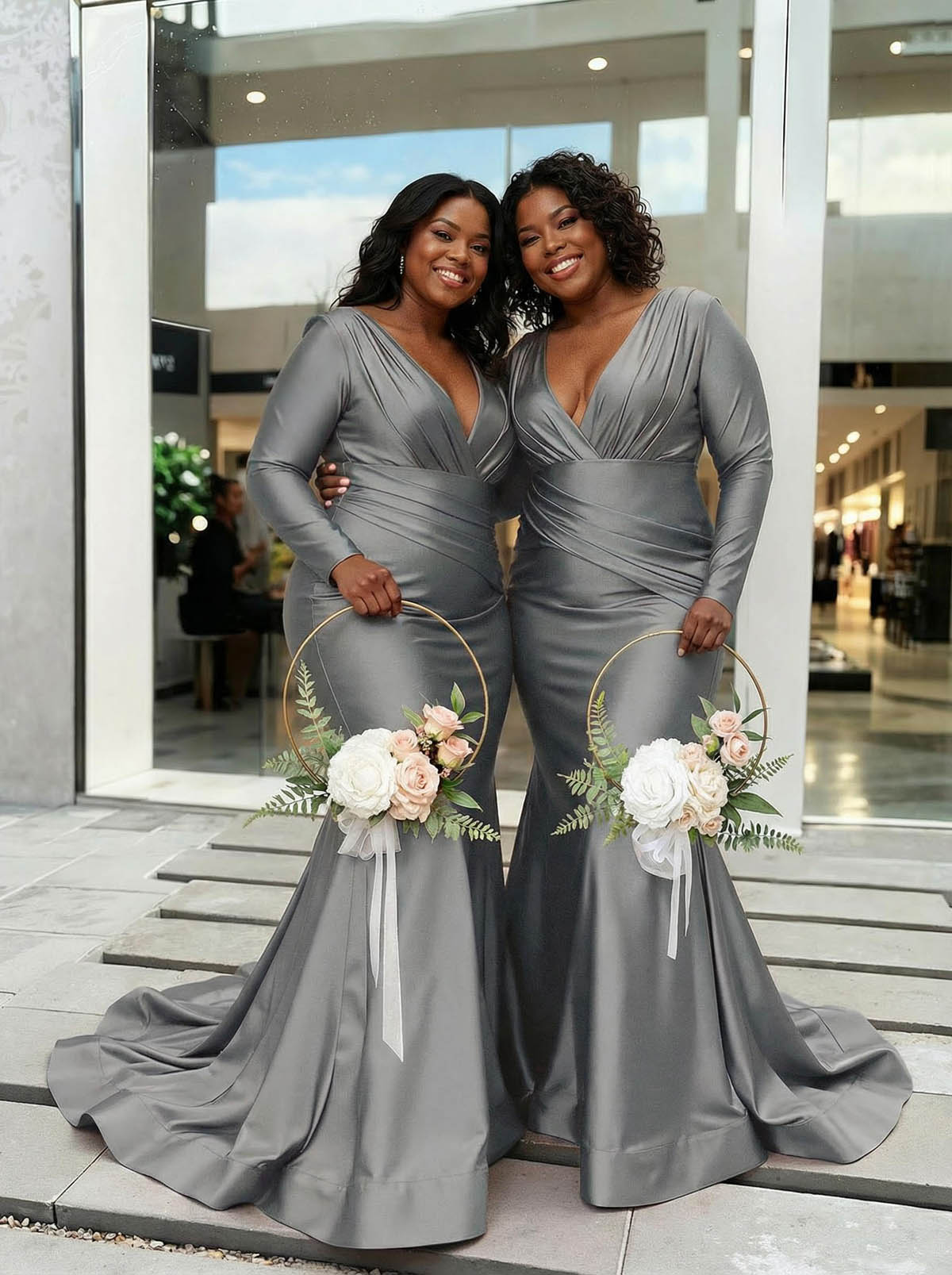 Trumpet/Mermaid Plunge Neck Long Sleeves Sweep Train Charmeuse Bridesmaid Dresses With Pleated