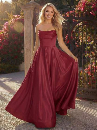 Elegant A-Line Strapless Sleeveless Sweep Train Satin/Tulle Bridesmaid Dresses