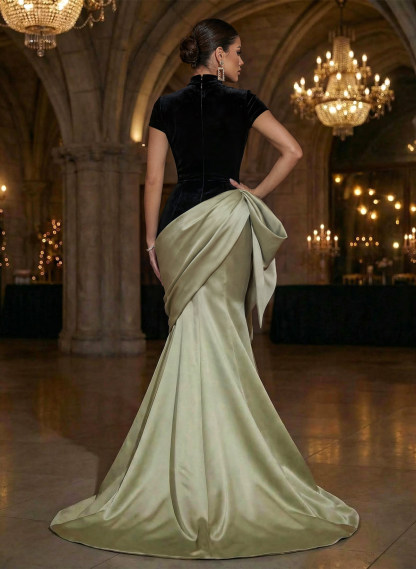 Trumpet/Mermaid High Neck Short Sleeves Sweep Train Evening Dresses With Sweeping Side Drape, supplier image 2