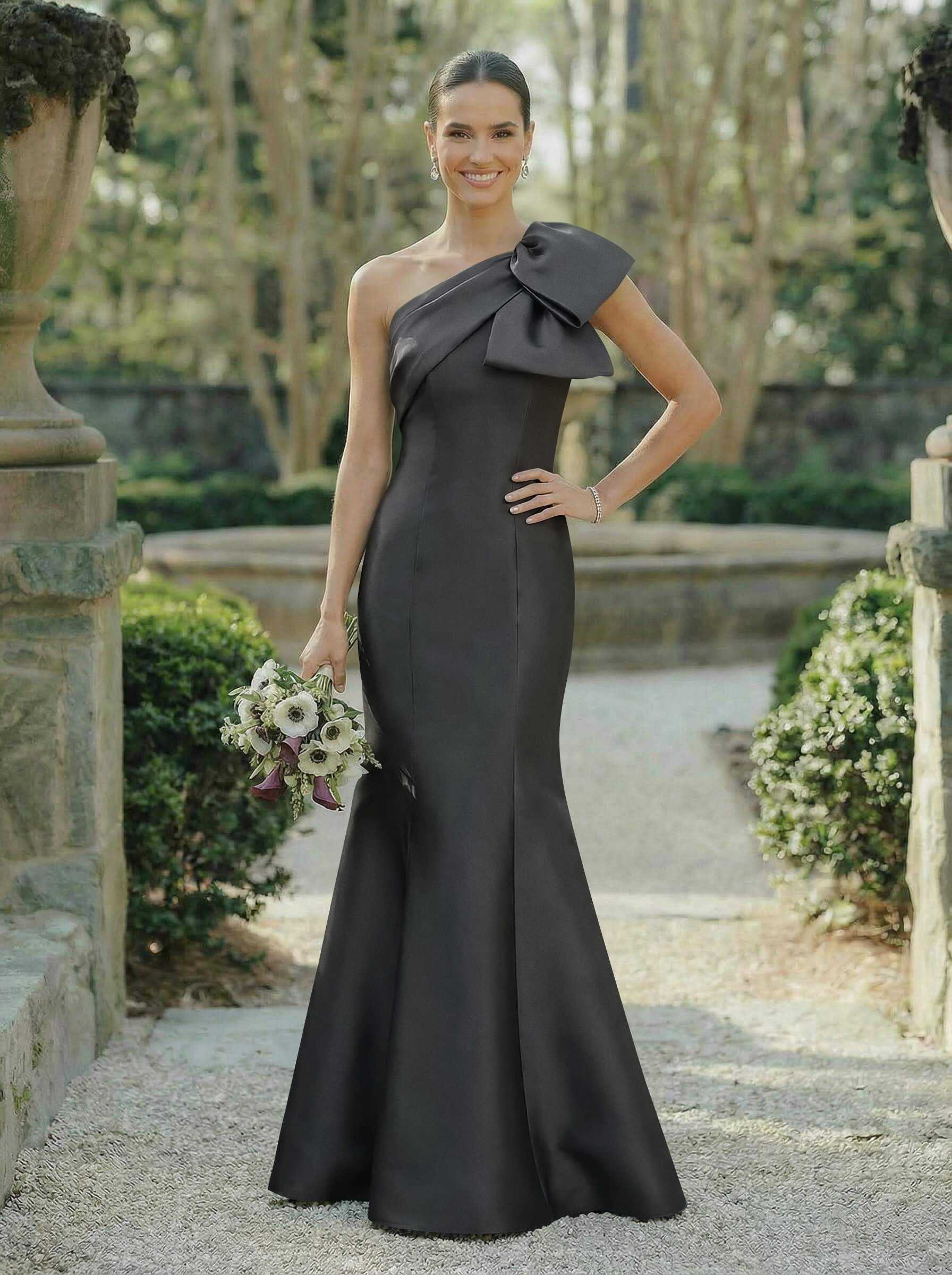 Trumpet/Mermaid One-Shoulder Sleeveless Satin Bridesmaid Dresses With Bow(s) in As Picture, US2