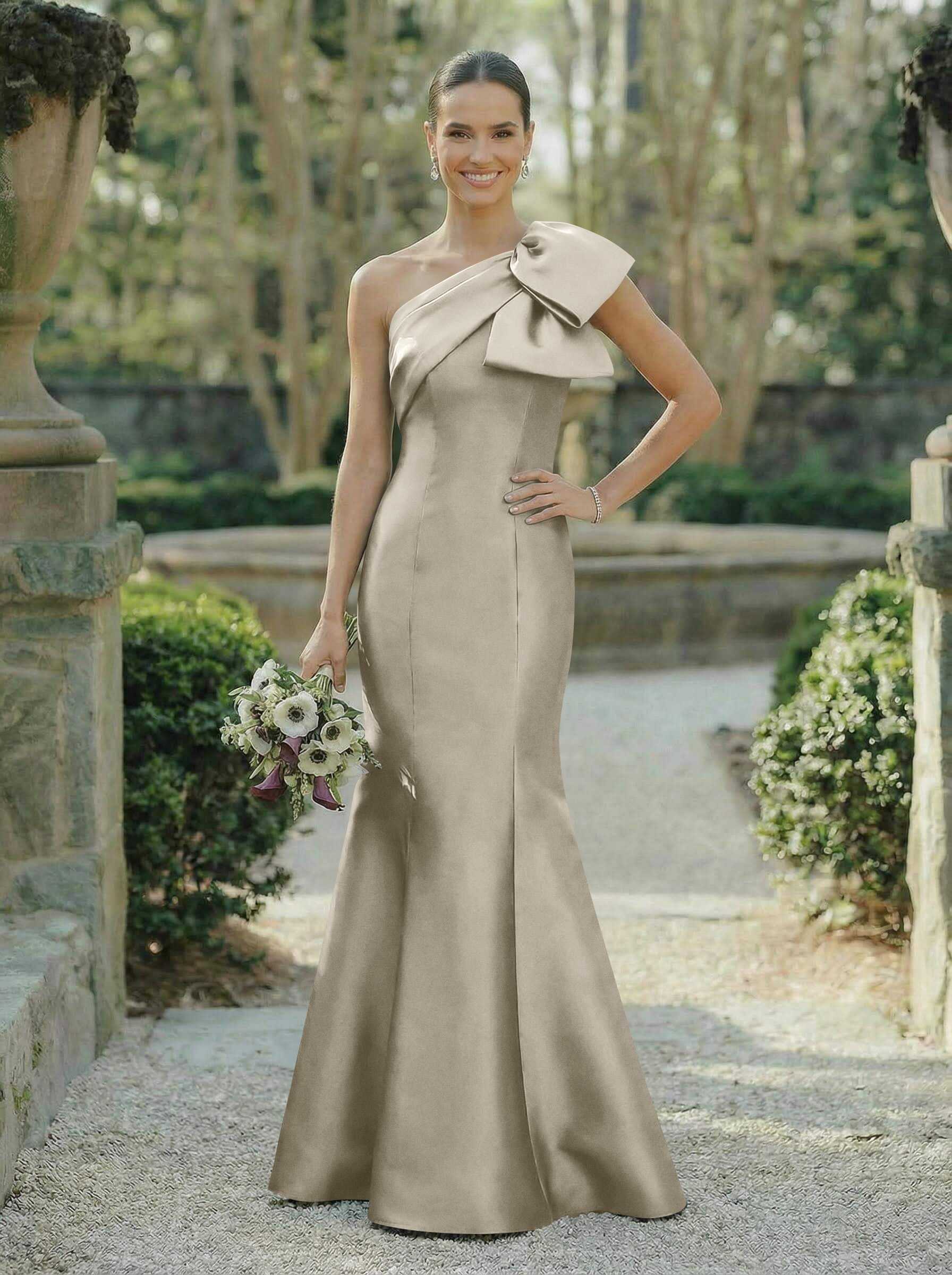 Trumpet/Mermaid One-Shoulder Sleeveless Satin Bridesmaid Dresses With Bow(s), product image 109
