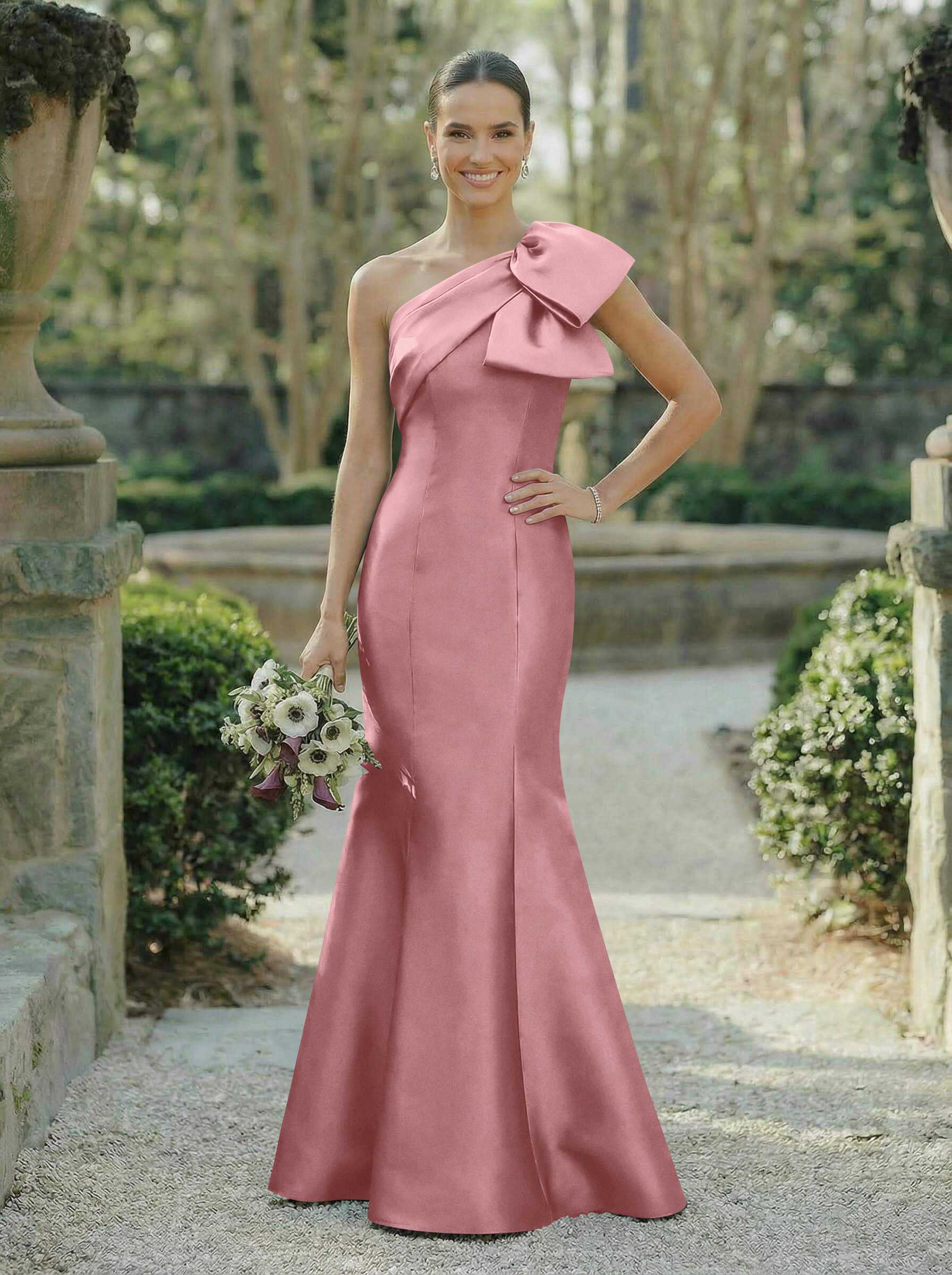 Trumpet/Mermaid One-Shoulder Sleeveless Satin Bridesmaid Dresses With Bow(s), product image 37