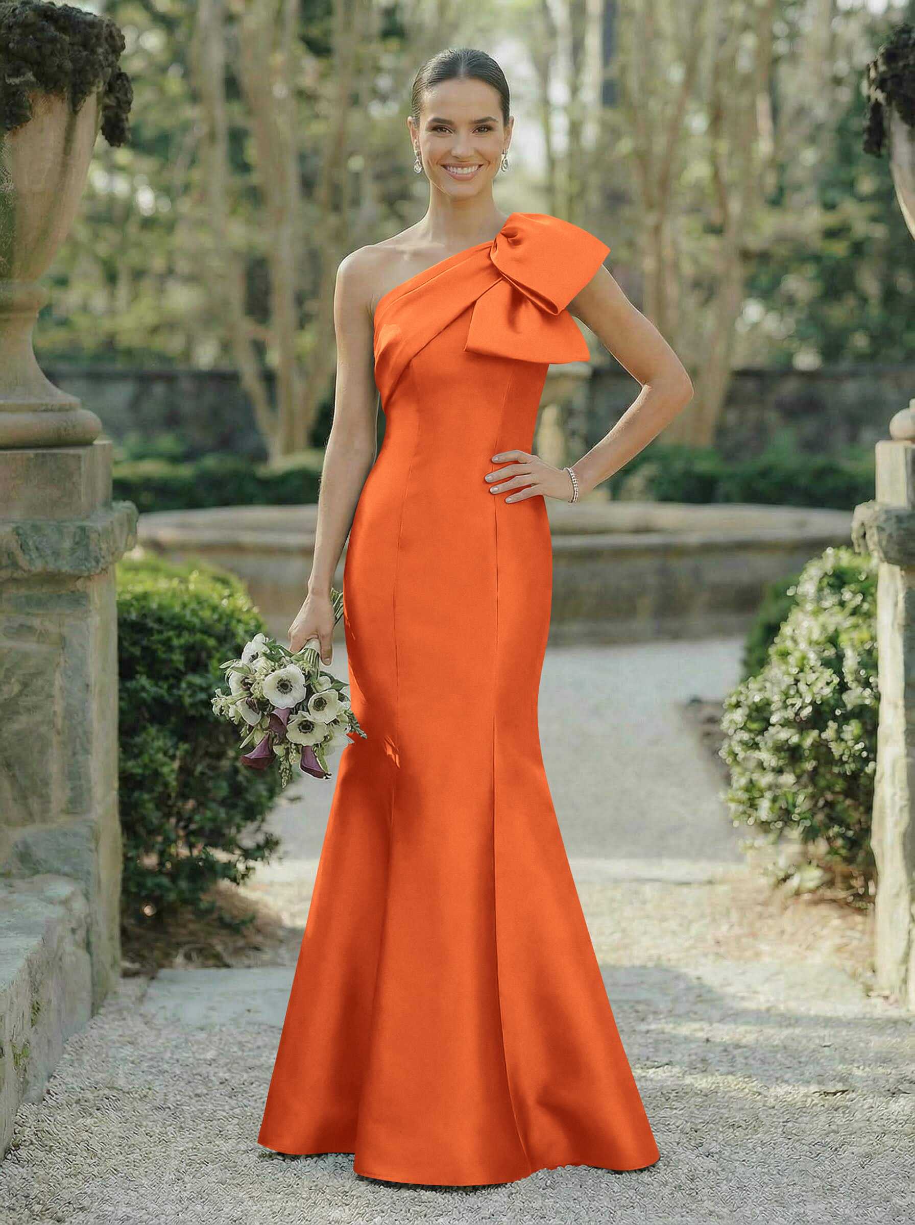 Trumpet/Mermaid One-Shoulder Sleeveless Satin Bridesmaid Dresses With Bow(s), product image 119