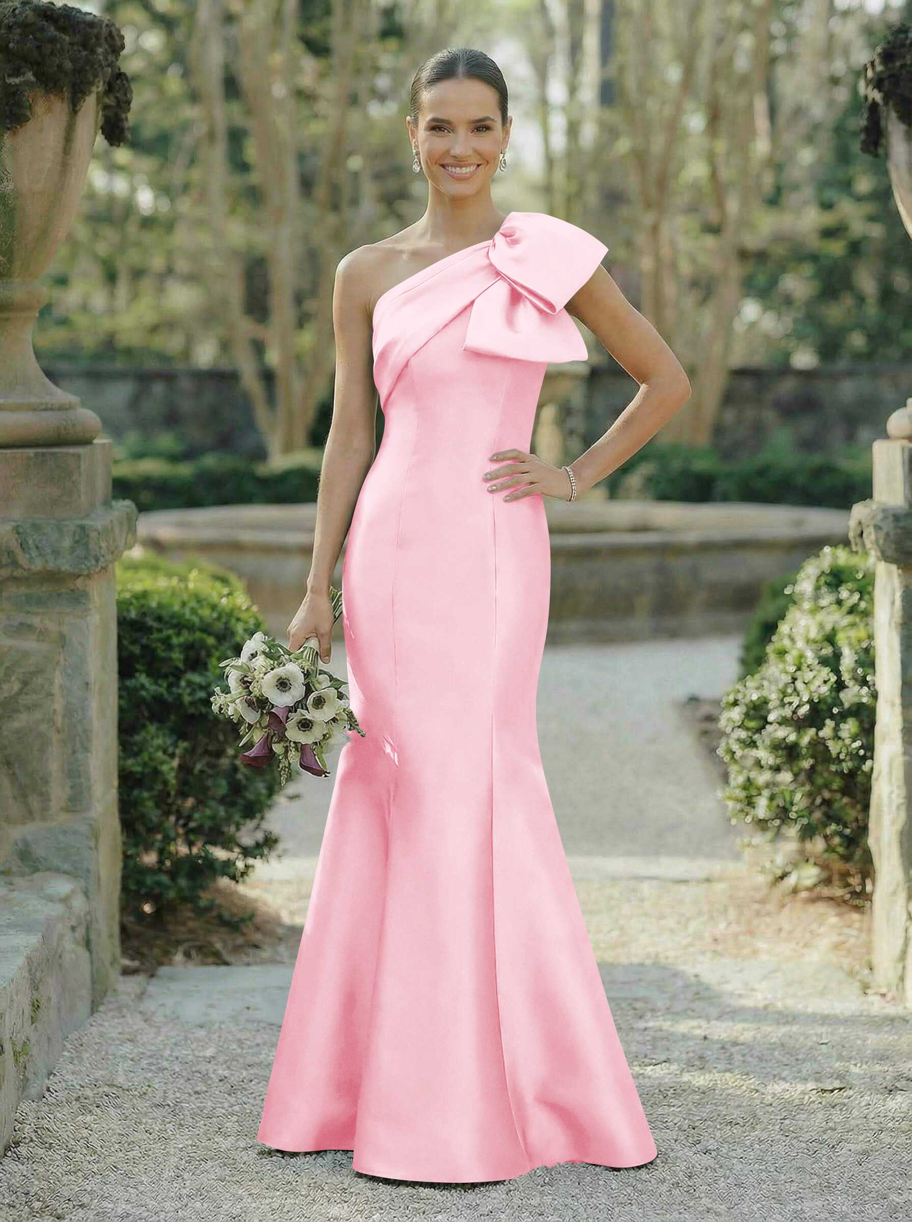 Trumpet/Mermaid One-Shoulder Sleeveless Satin Bridesmaid Dresses With Bow(s), product image 45