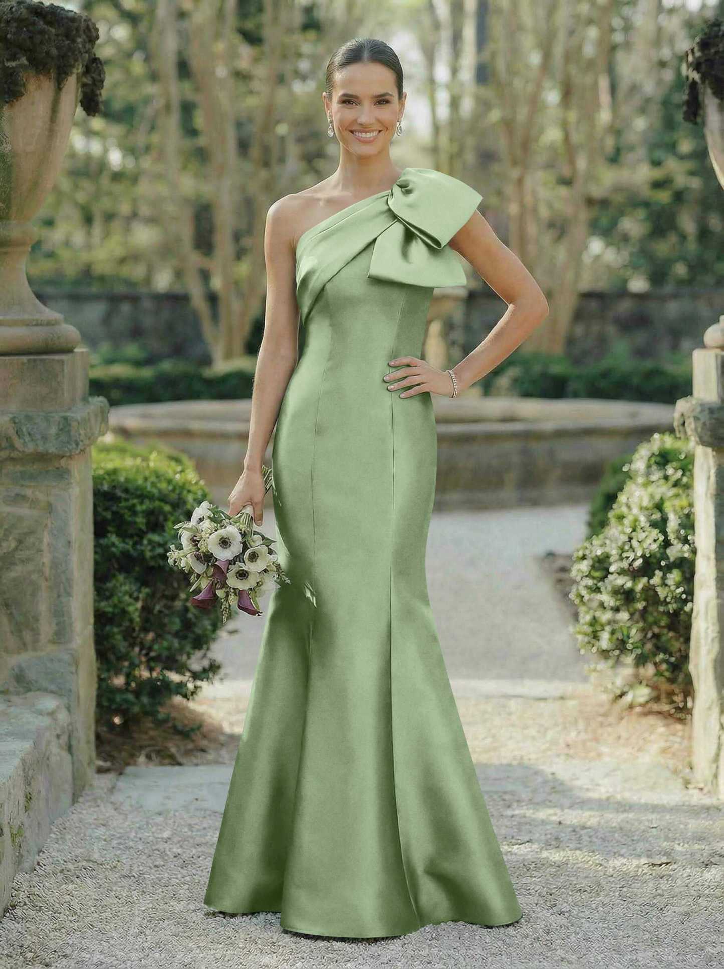 Trumpet/Mermaid One-Shoulder Sleeveless Satin Bridesmaid Dresses With Bow(s), product image 89