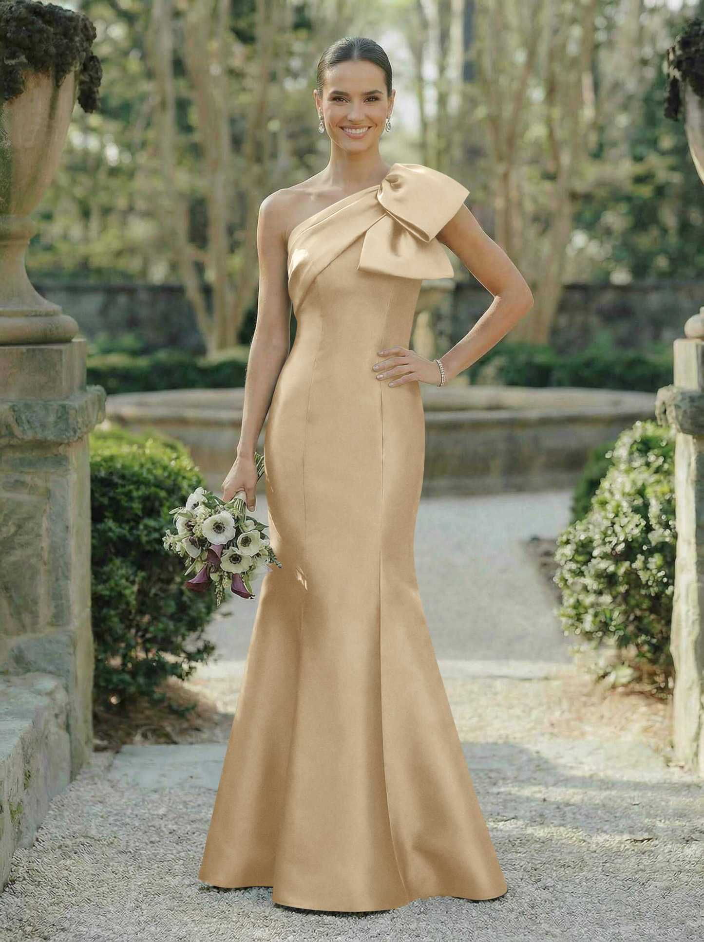 Trumpet/Mermaid One-Shoulder Sleeveless Satin Bridesmaid Dresses With Bow(s), product image 5