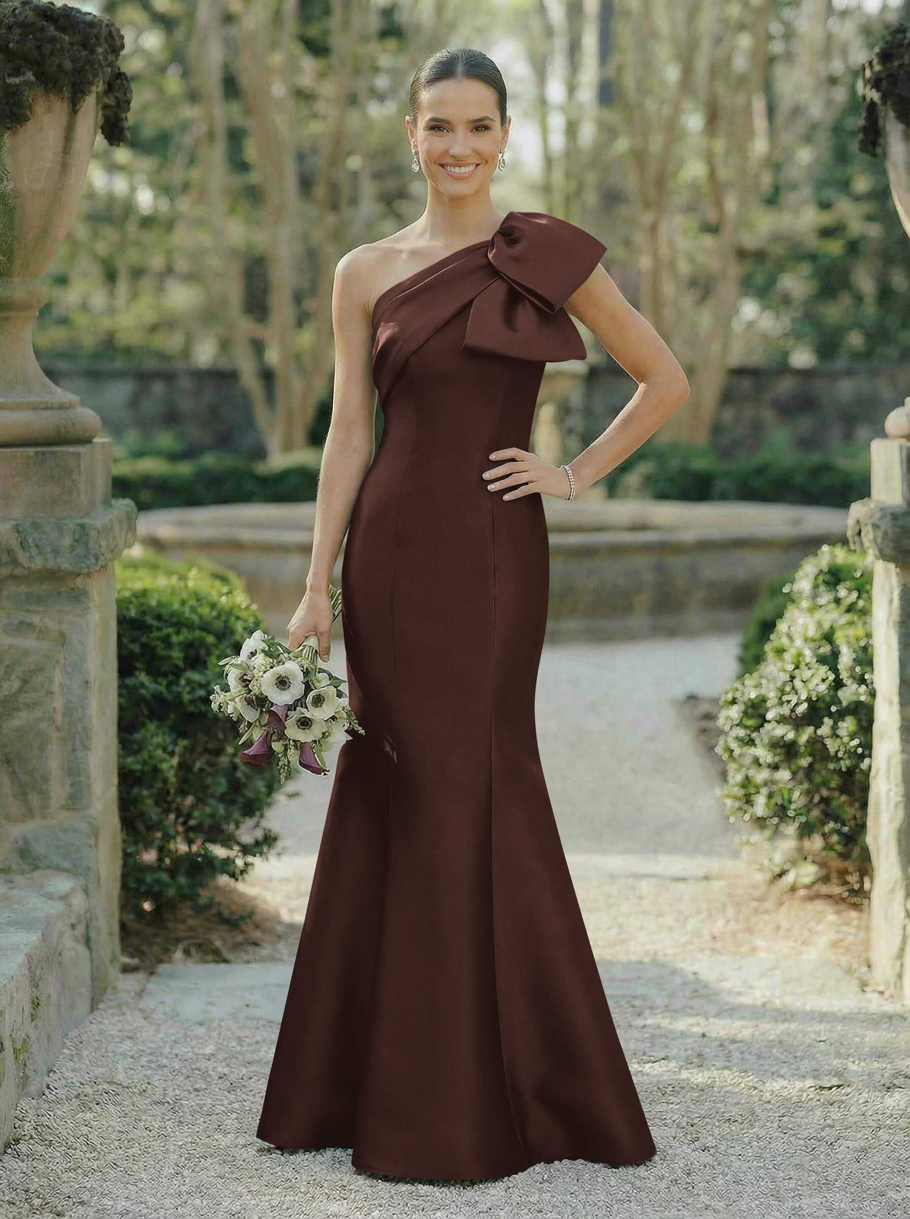 Trumpet/Mermaid One-Shoulder Sleeveless Satin Bridesmaid Dresses With Bow(s), product image 123