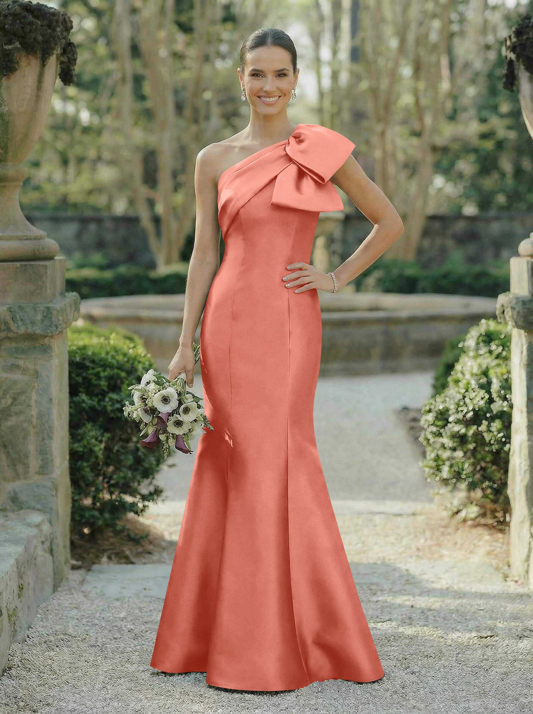 Trumpet/Mermaid One-Shoulder Sleeveless Satin Bridesmaid Dresses With Bow(s), product image 41