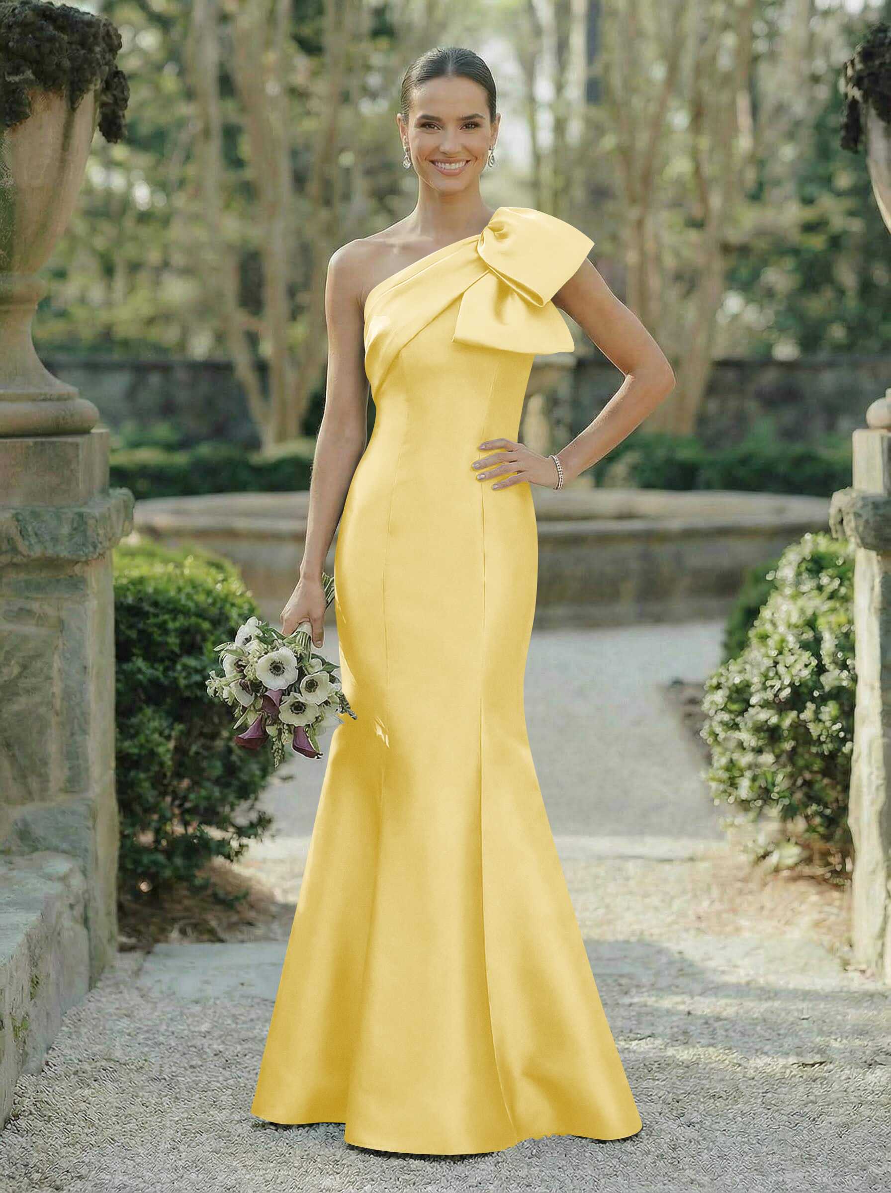 Trumpet/Mermaid One-Shoulder Sleeveless Satin Bridesmaid Dresses With Bow(s), product image 111