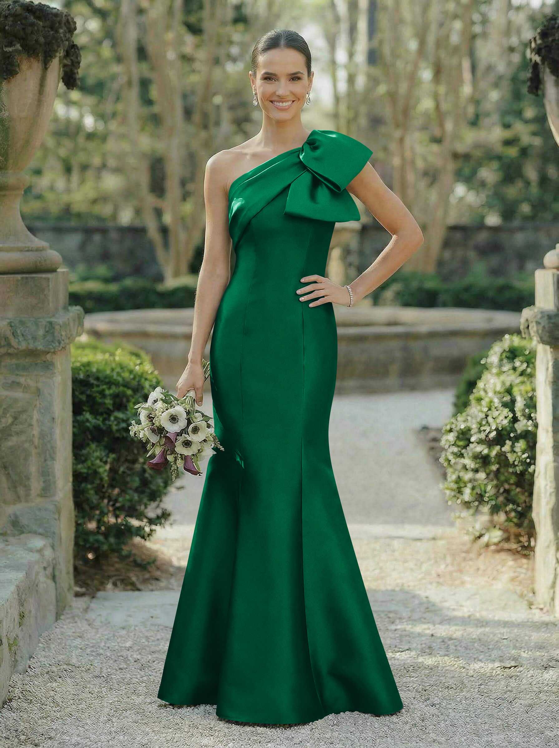 Trumpet/Mermaid One-Shoulder Sleeveless Satin Bridesmaid Dresses With Bow(s), product image 85