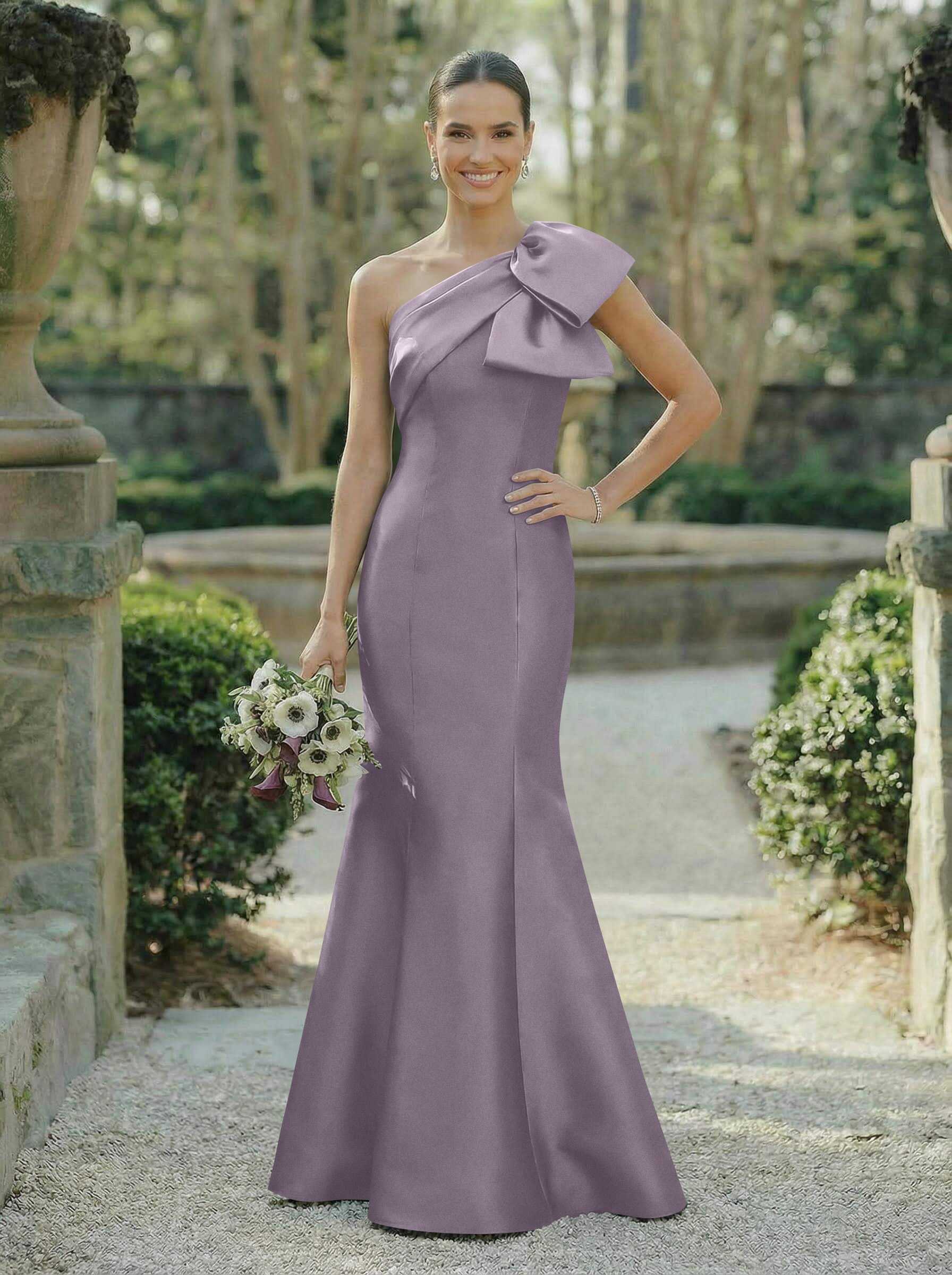 Trumpet/Mermaid One-Shoulder Sleeveless Satin Bridesmaid Dresses With Bow(s), product image 67