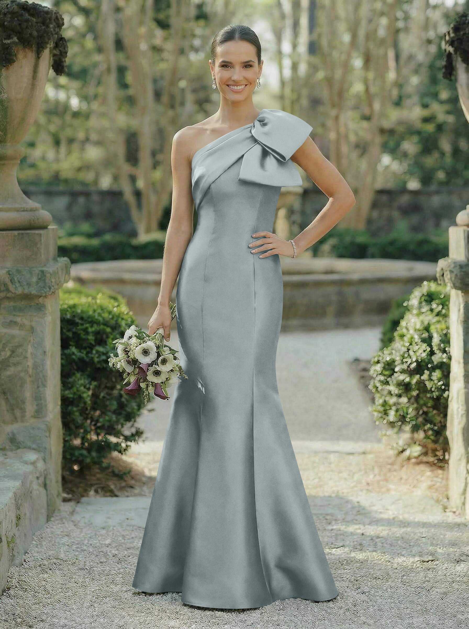 Trumpet/Mermaid One-Shoulder Sleeveless Satin Bridesmaid Dresses With Bow(s), product image 17