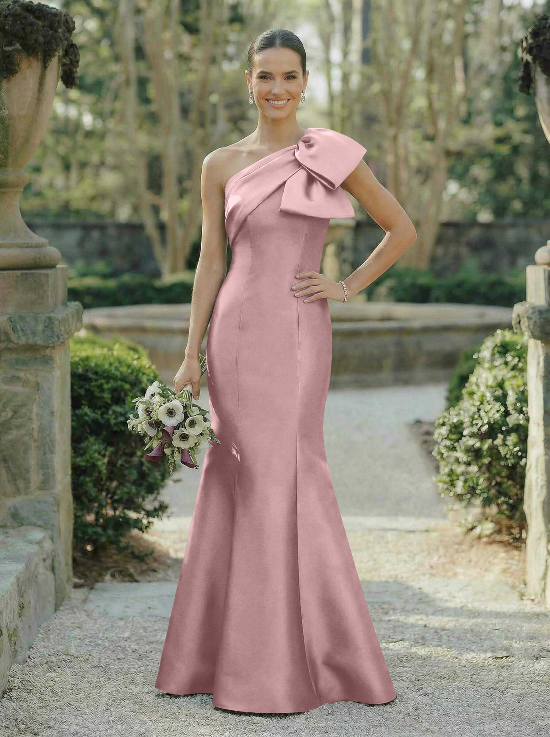 Trumpet/Mermaid One-Shoulder Sleeveless Satin Bridesmaid Dresses With Bow(s), product image 33