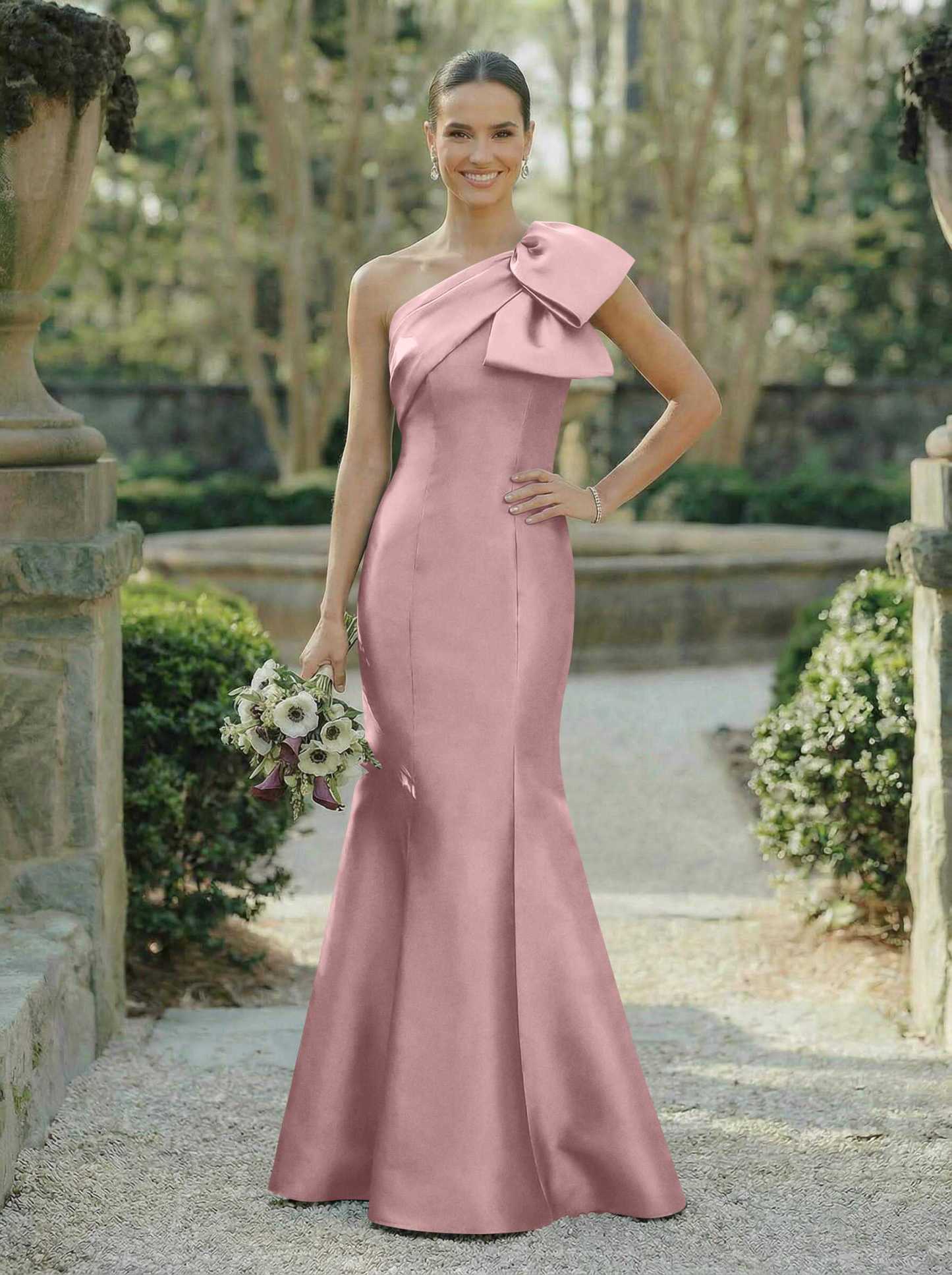 Trumpet/Mermaid One-Shoulder Sleeveless Satin Bridesmaid Dresses With Bow(s), product image 33