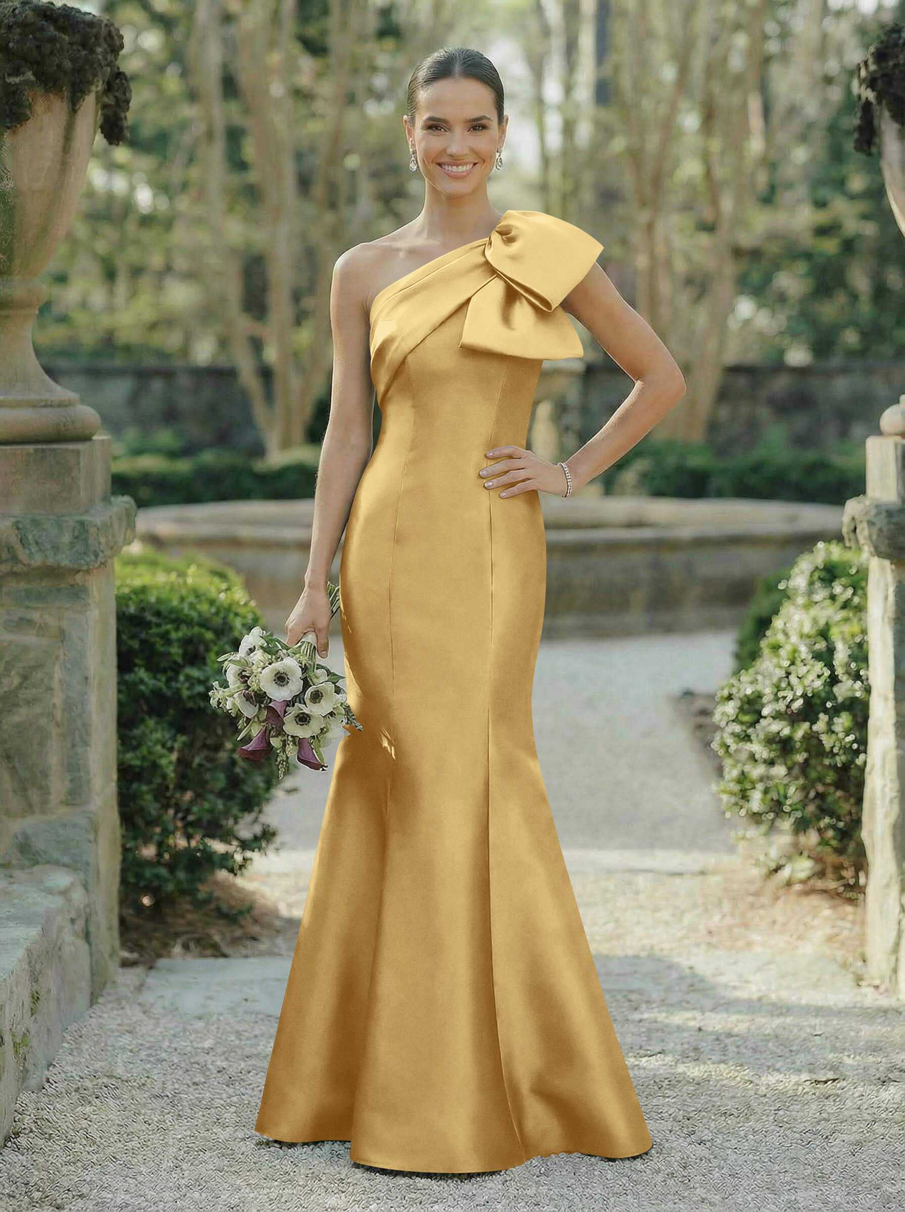 Trumpet/Mermaid One-Shoulder Sleeveless Satin Bridesmaid Dresses With Bow(s), product image 113