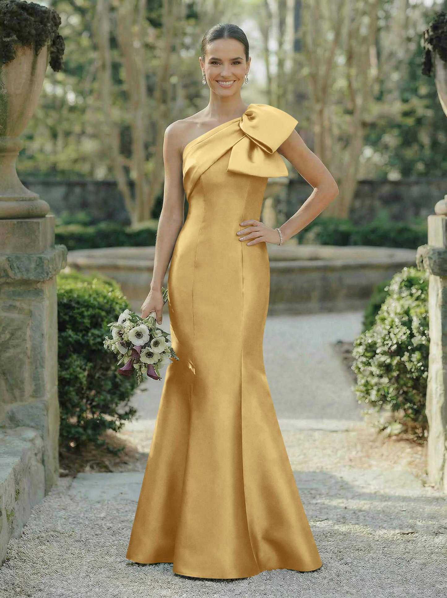 Trumpet/Mermaid One-Shoulder Sleeveless Satin Bridesmaid Dresses With Bow(s), product image 113