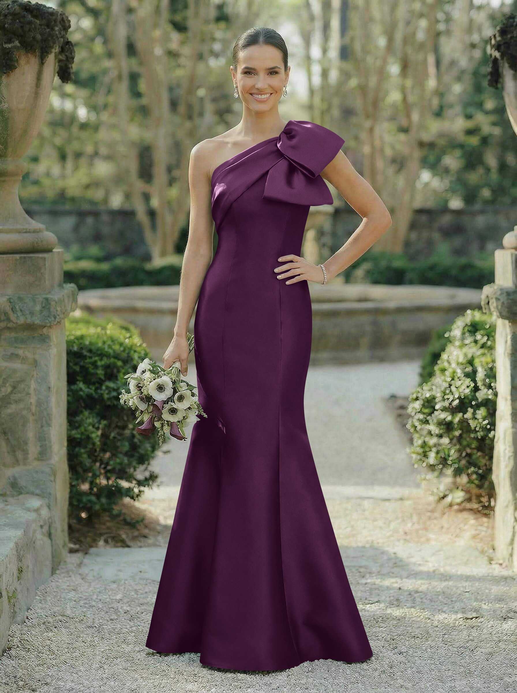 Trumpet/Mermaid One-Shoulder Sleeveless Satin Bridesmaid Dresses With Bow(s), product image 65