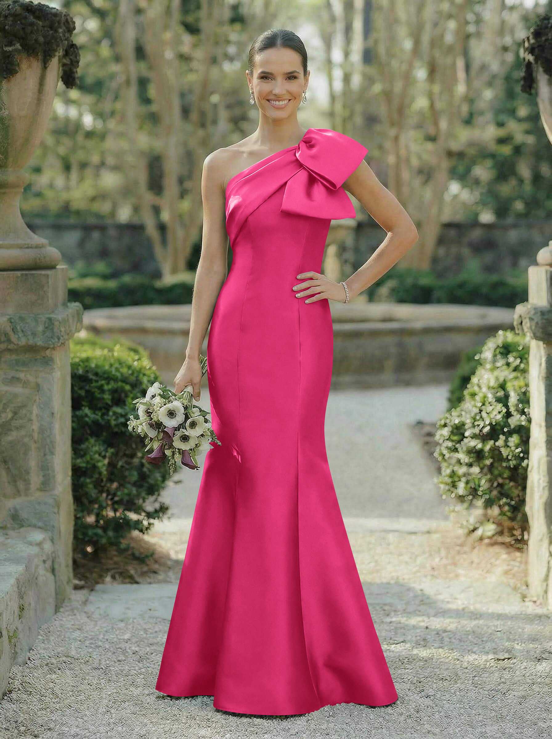 Trumpet/Mermaid One-Shoulder Sleeveless Satin Bridesmaid Dresses With Bow(s), product image 31