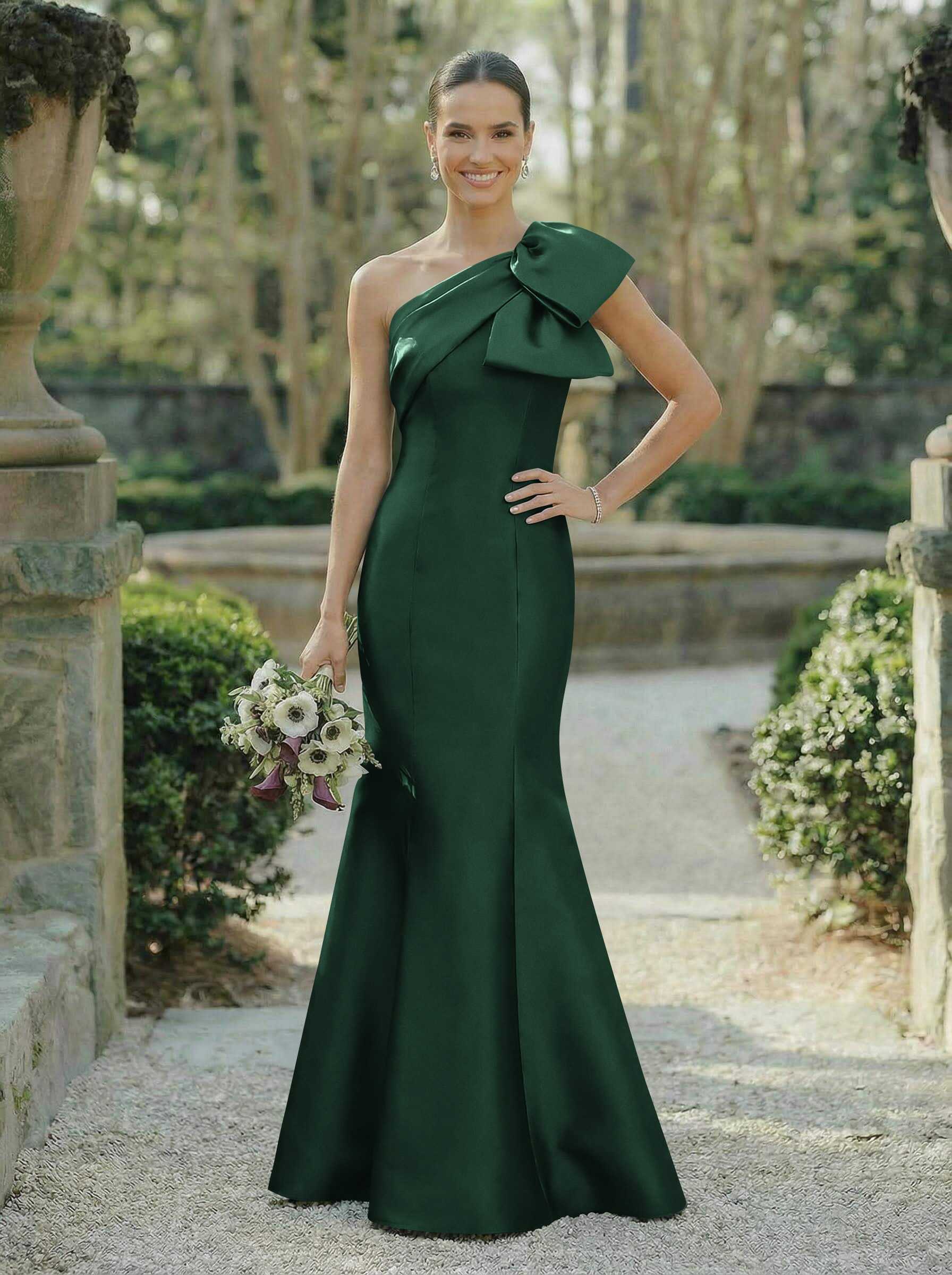 Trumpet/Mermaid One-Shoulder Sleeveless Satin Bridesmaid Dresses With Bow(s), product image 83