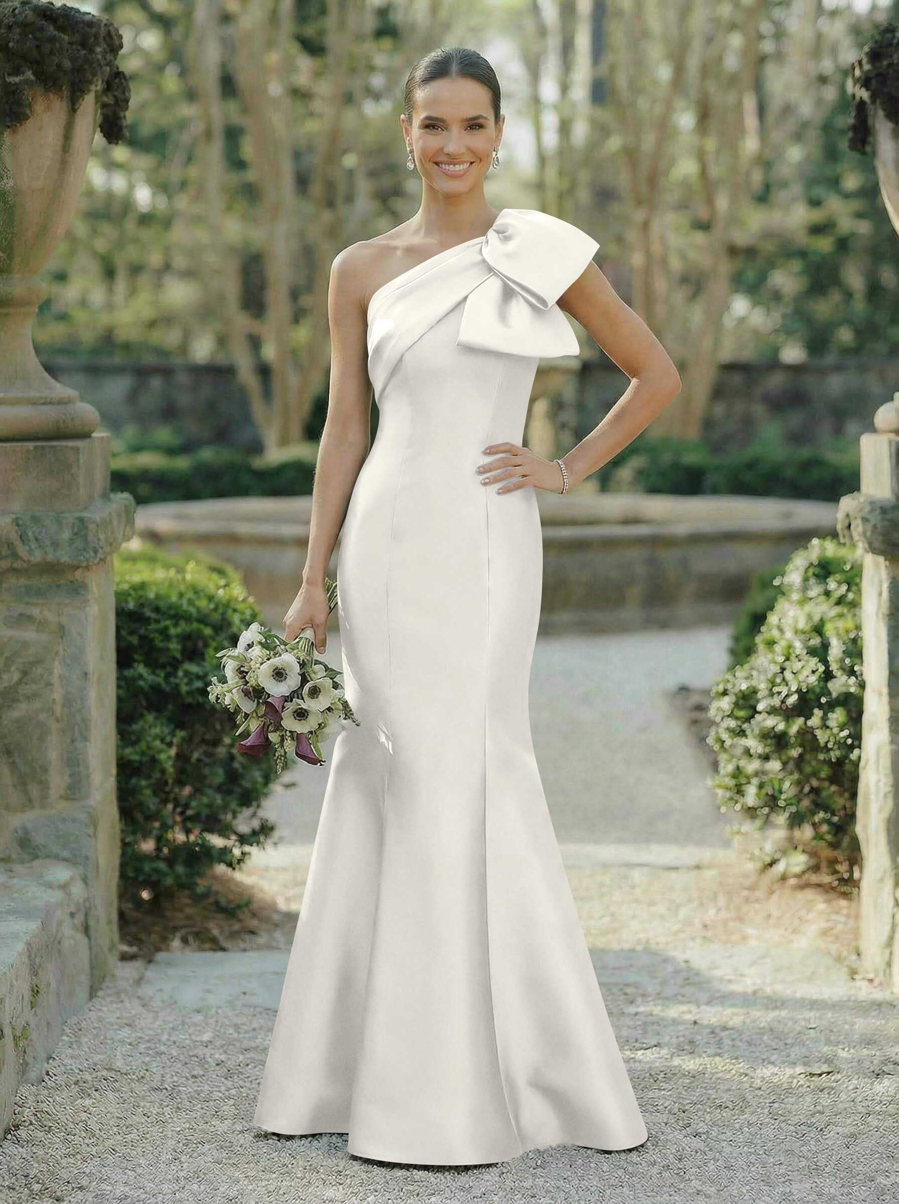 Trumpet/Mermaid One-Shoulder Sleeveless Satin Bridesmaid Dresses With Bow(s), product image 125