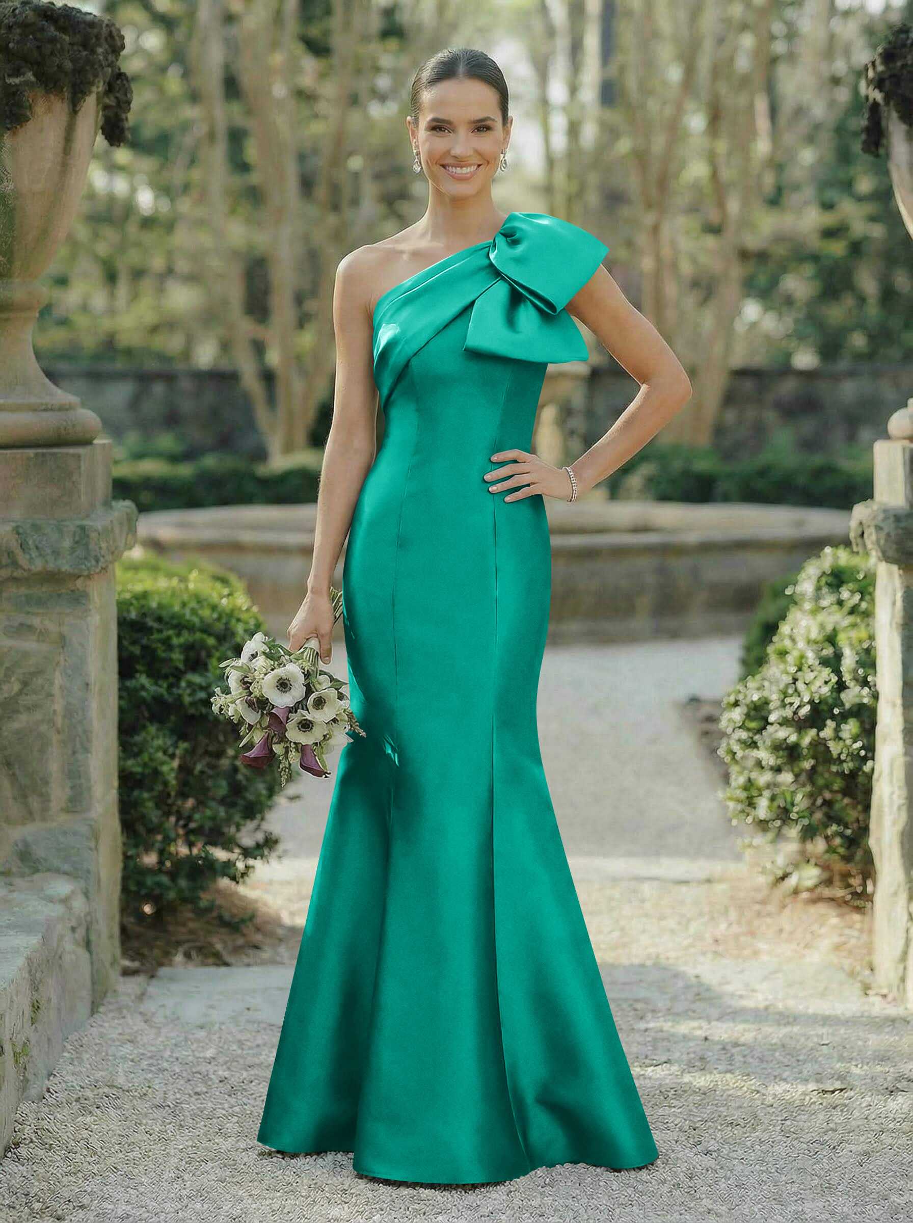 Trumpet/Mermaid One-Shoulder Sleeveless Satin Bridesmaid Dresses With Bow(s), product image 99