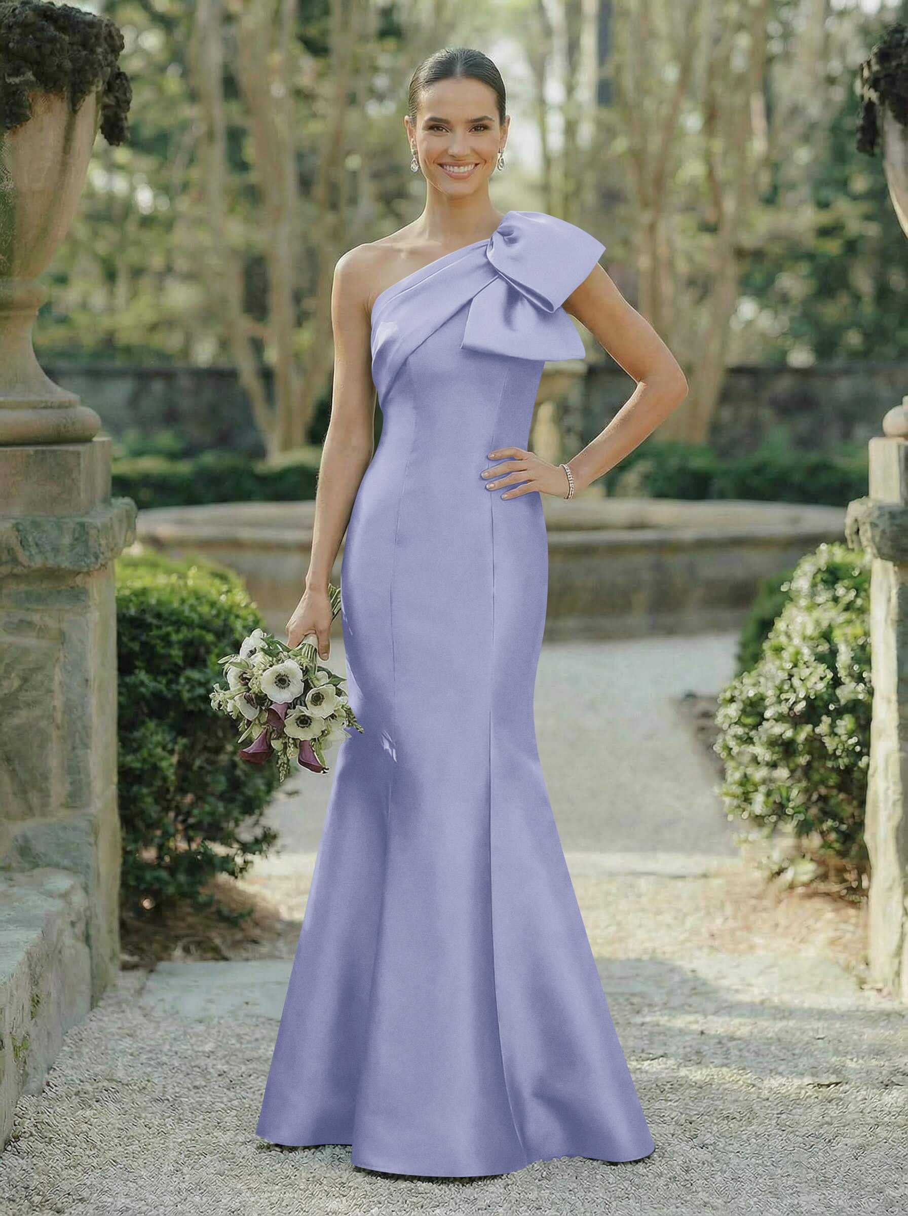 Trumpet/Mermaid One-Shoulder Sleeveless Satin Bridesmaid Dresses With Bow(s), product image 79