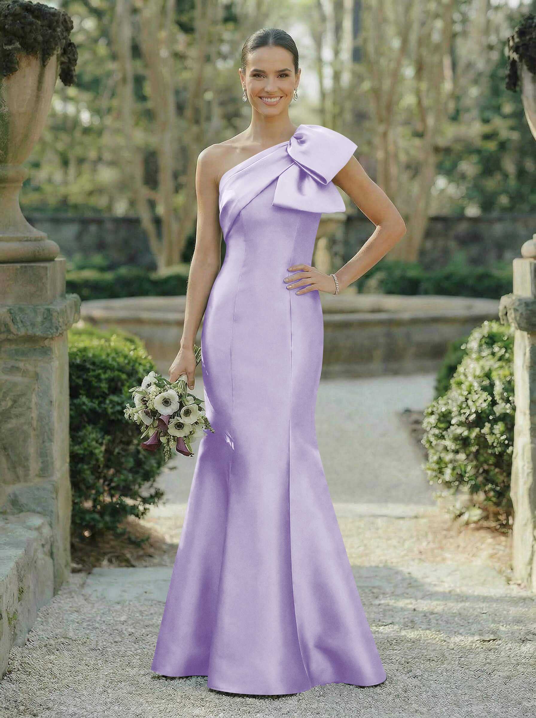Trumpet/Mermaid One-Shoulder Sleeveless Satin Bridesmaid Dresses With Bow(s), product image 77