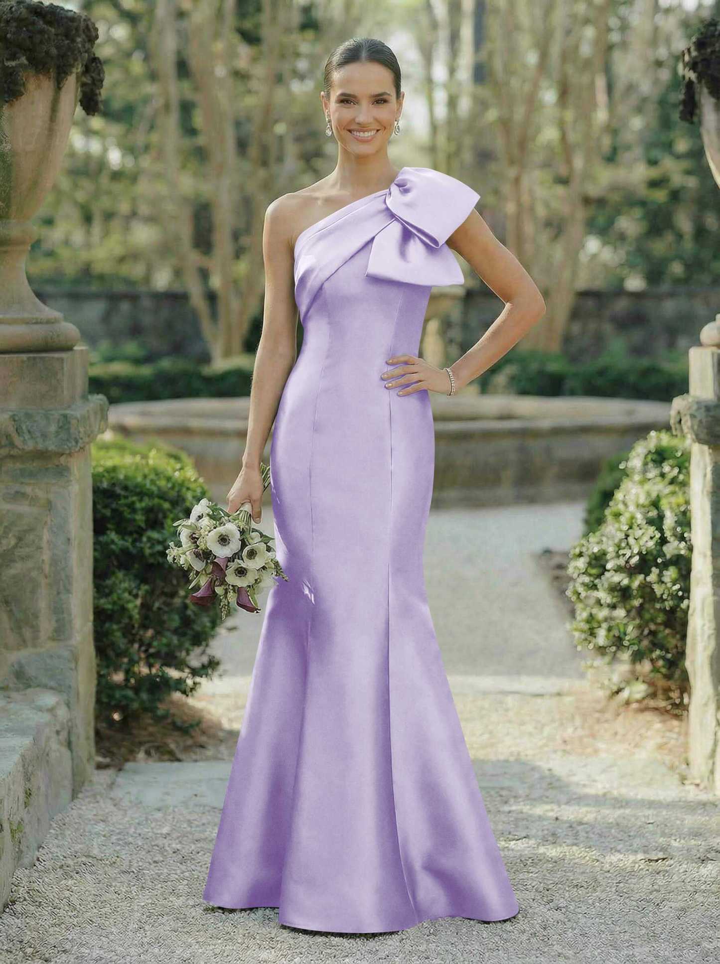 Trumpet/Mermaid One-Shoulder Sleeveless Satin Bridesmaid Dresses With Bow(s), product image 77