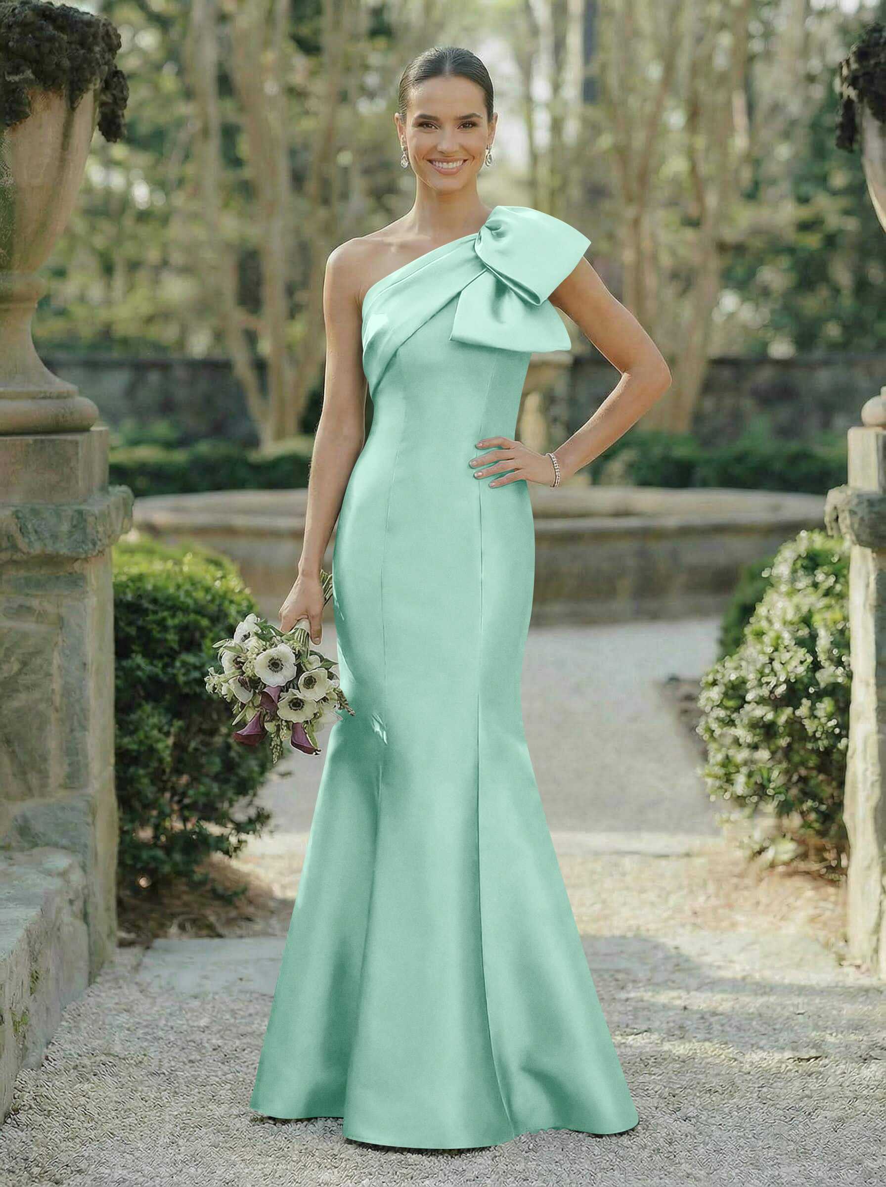 Trumpet/Mermaid One-Shoulder Sleeveless Satin Bridesmaid Dresses With Bow(s), product image 101
